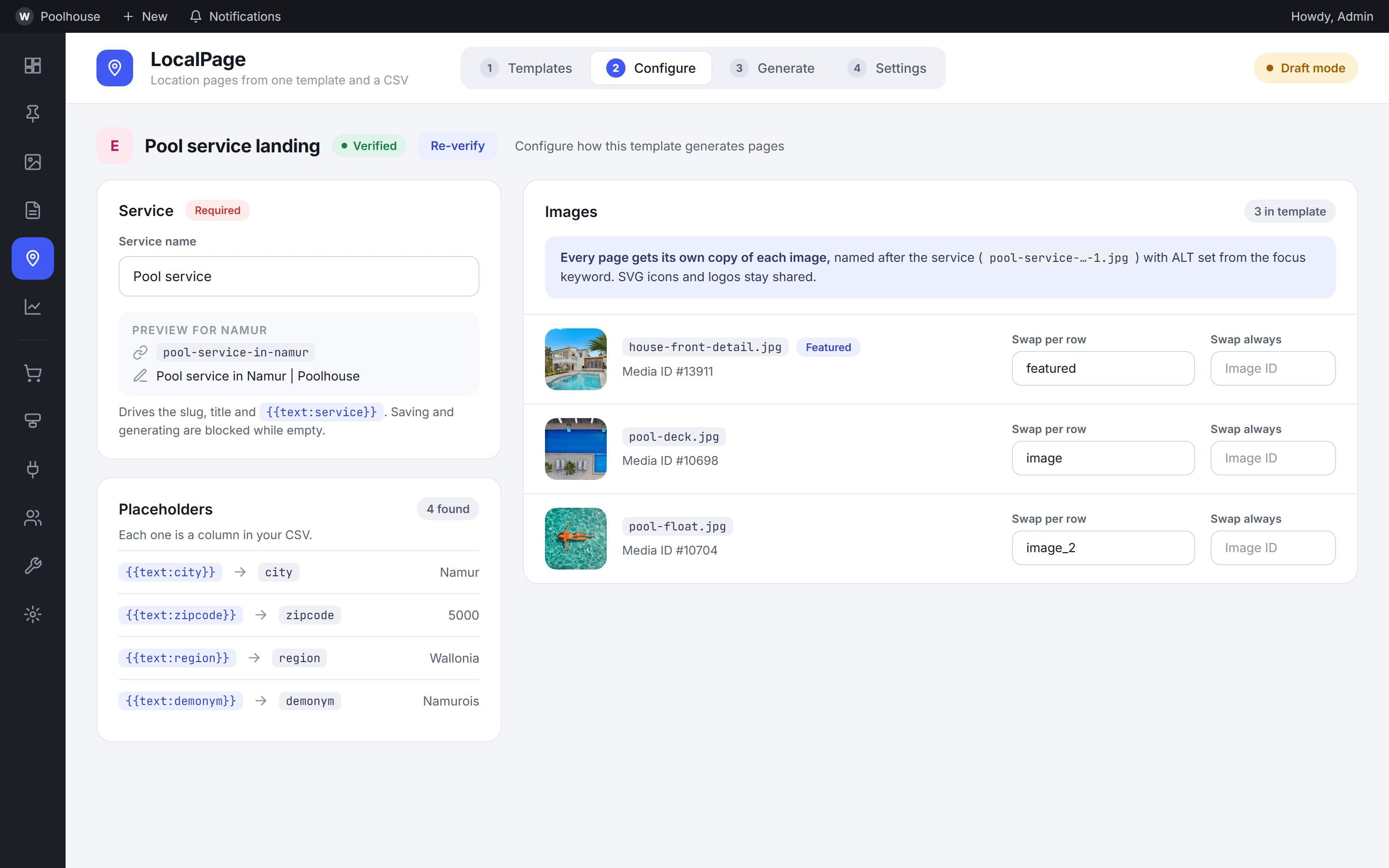 Configure template with service name, detected placeholders and an image table
