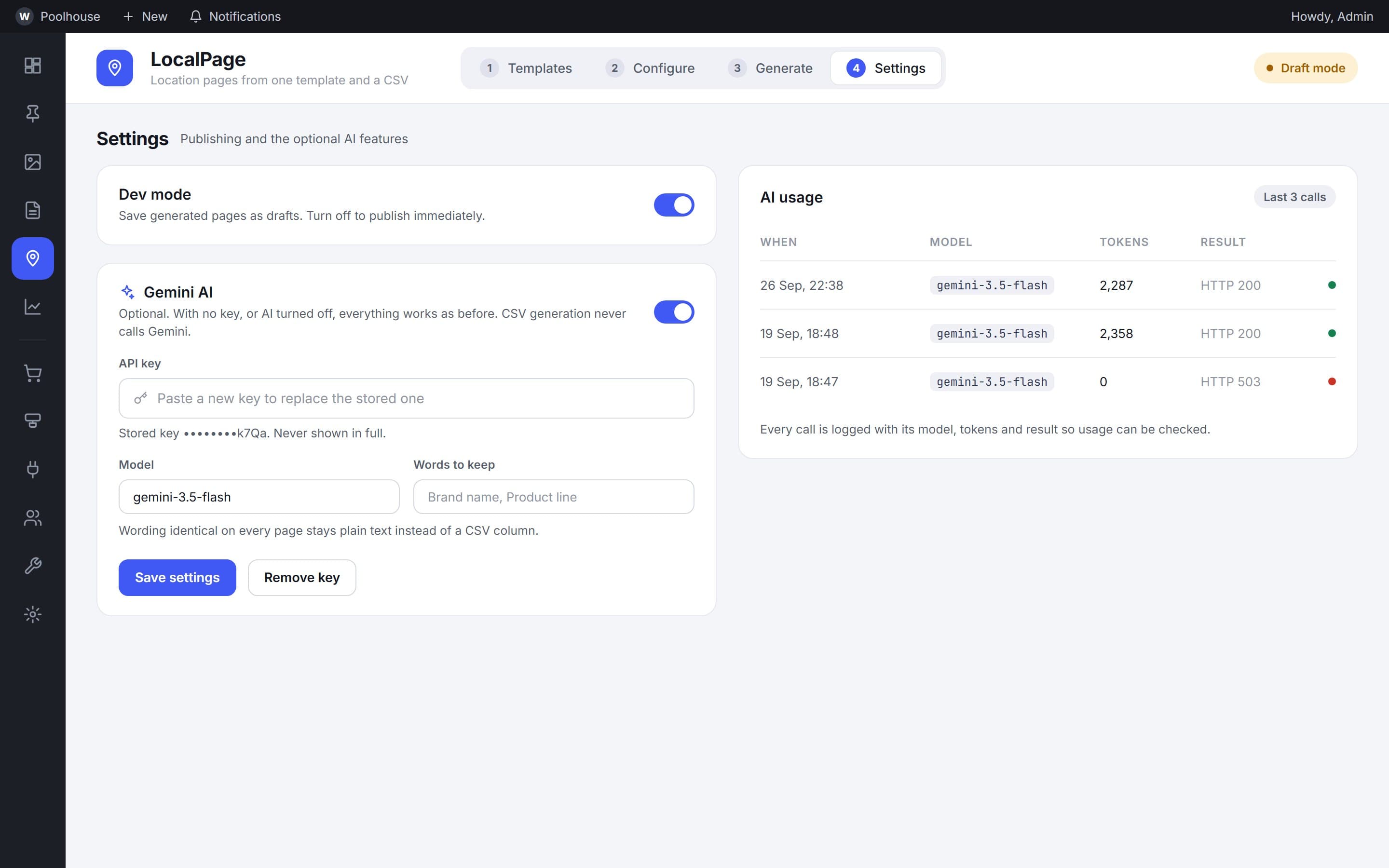 Settings with publish mode, AI options and a usage log