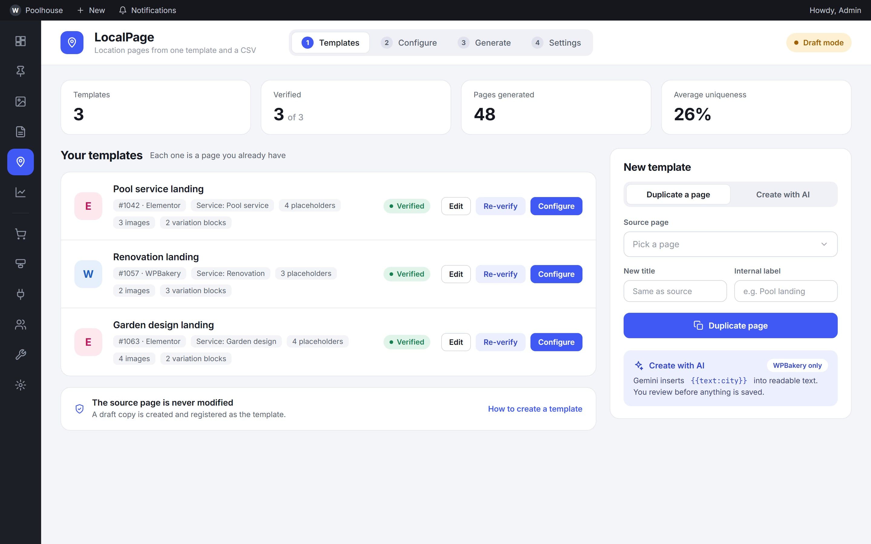 Templates list with verified status and a form to duplicate a page or create one with AI