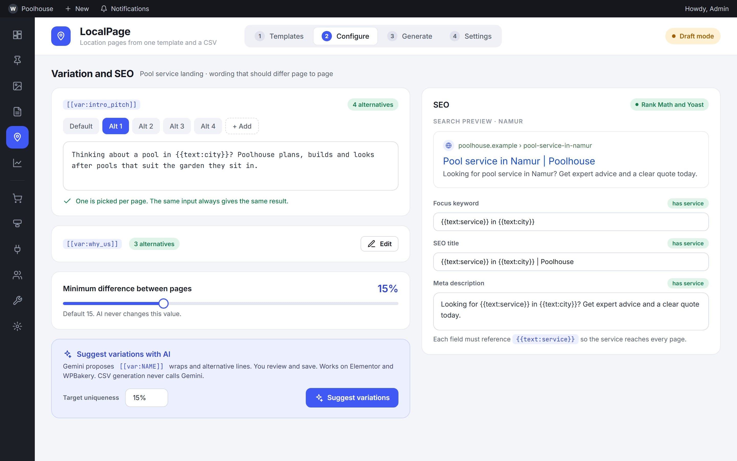 Variation blocks with alternative wordings, a minimum difference setting and SEO fields