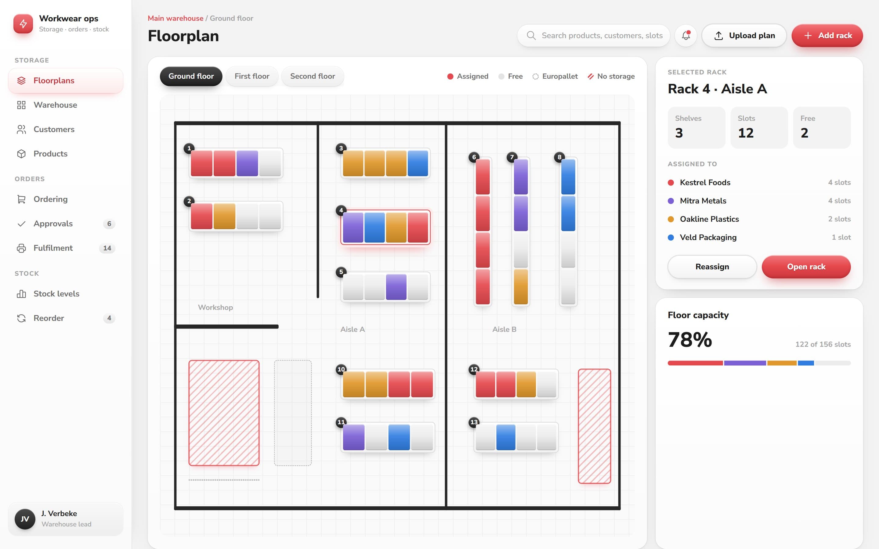 Floorplan with racks coloured by customer and a selected rack's slots