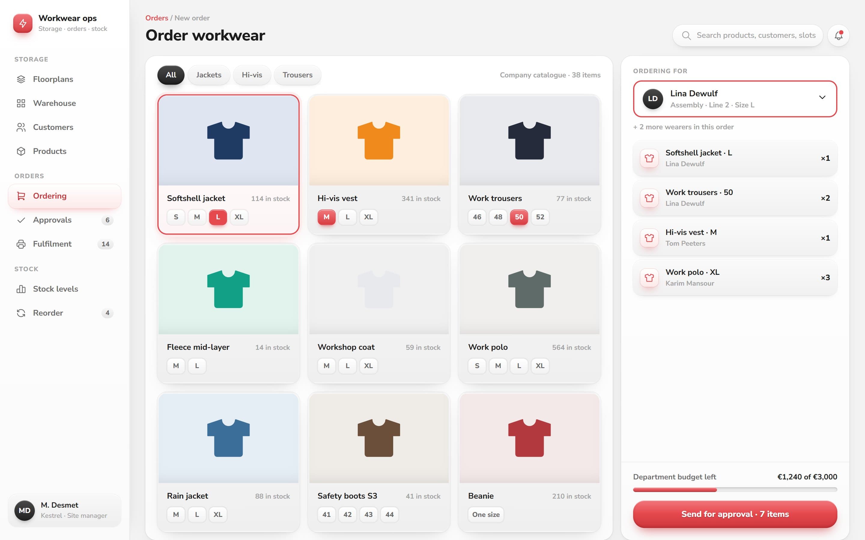 Catalogue of workwear with sizes and an order basket per wearer