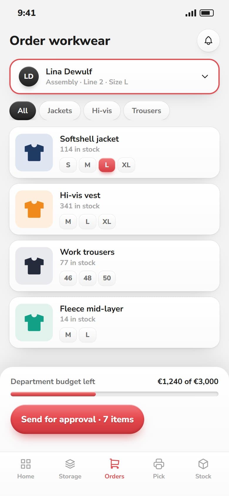 Ordering workwear on mobile for a named wearer