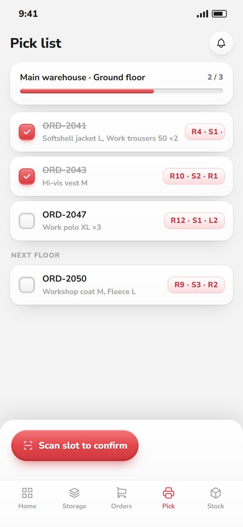 Pick list on mobile with a slot for each line
