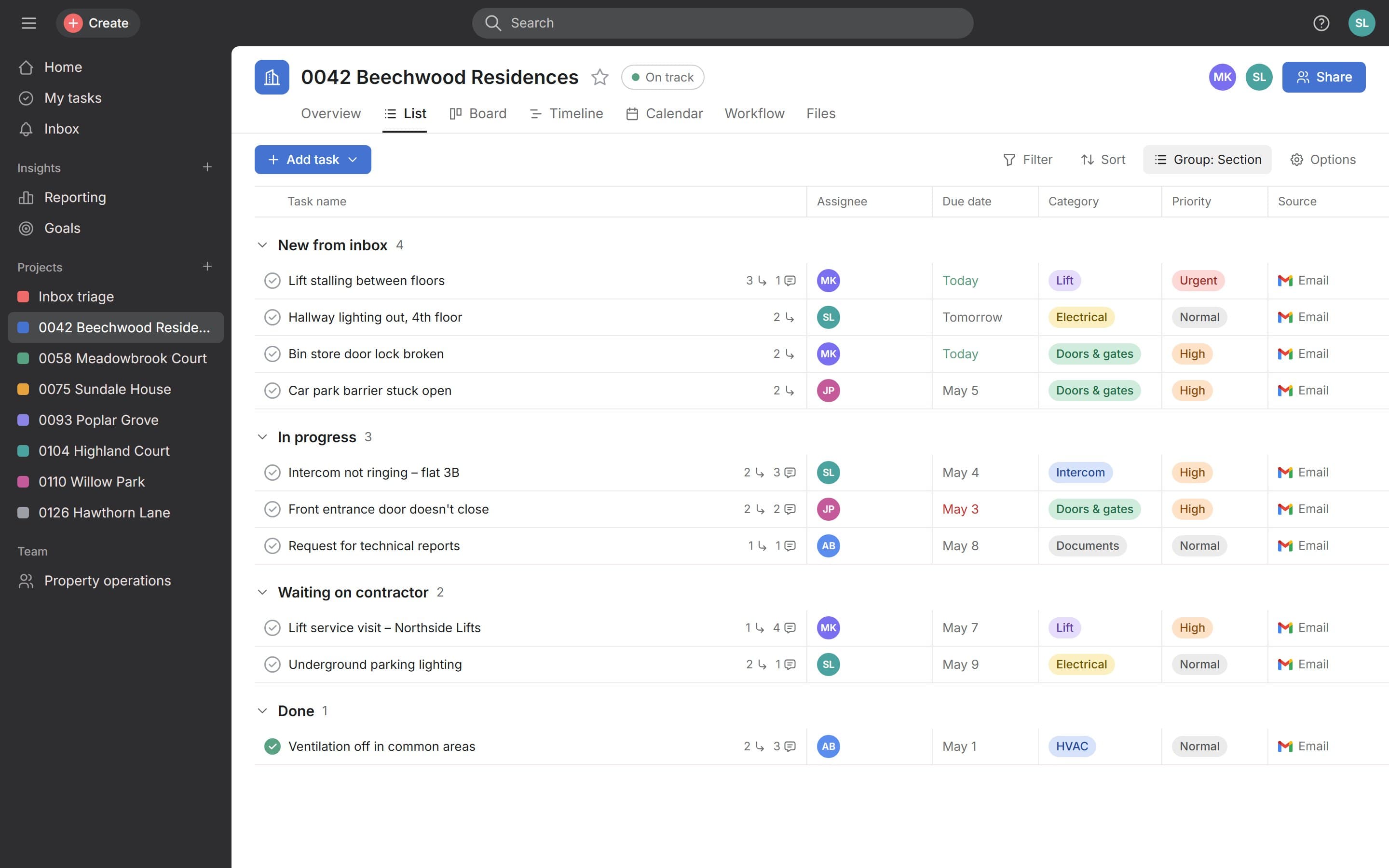 A building's project in Asana with tasks created from email, by section