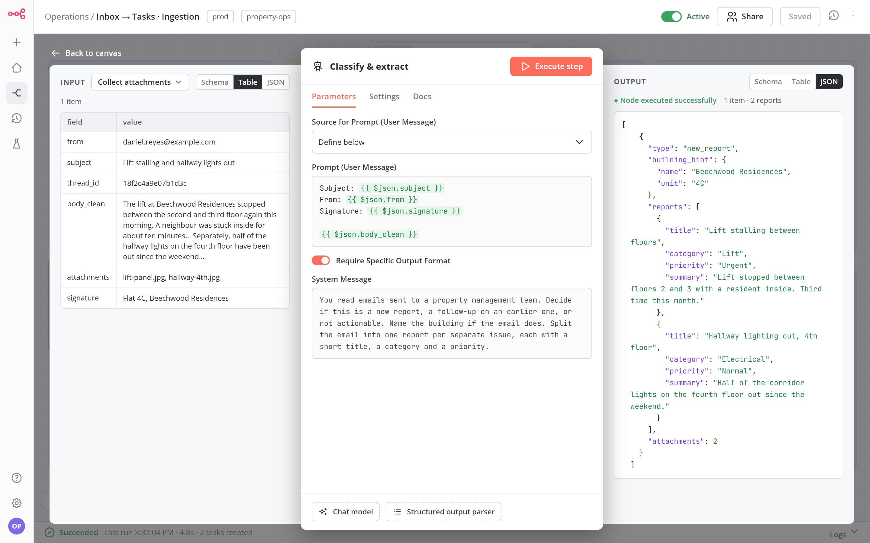 The classification step with the cleaned email as input and structured reports as output