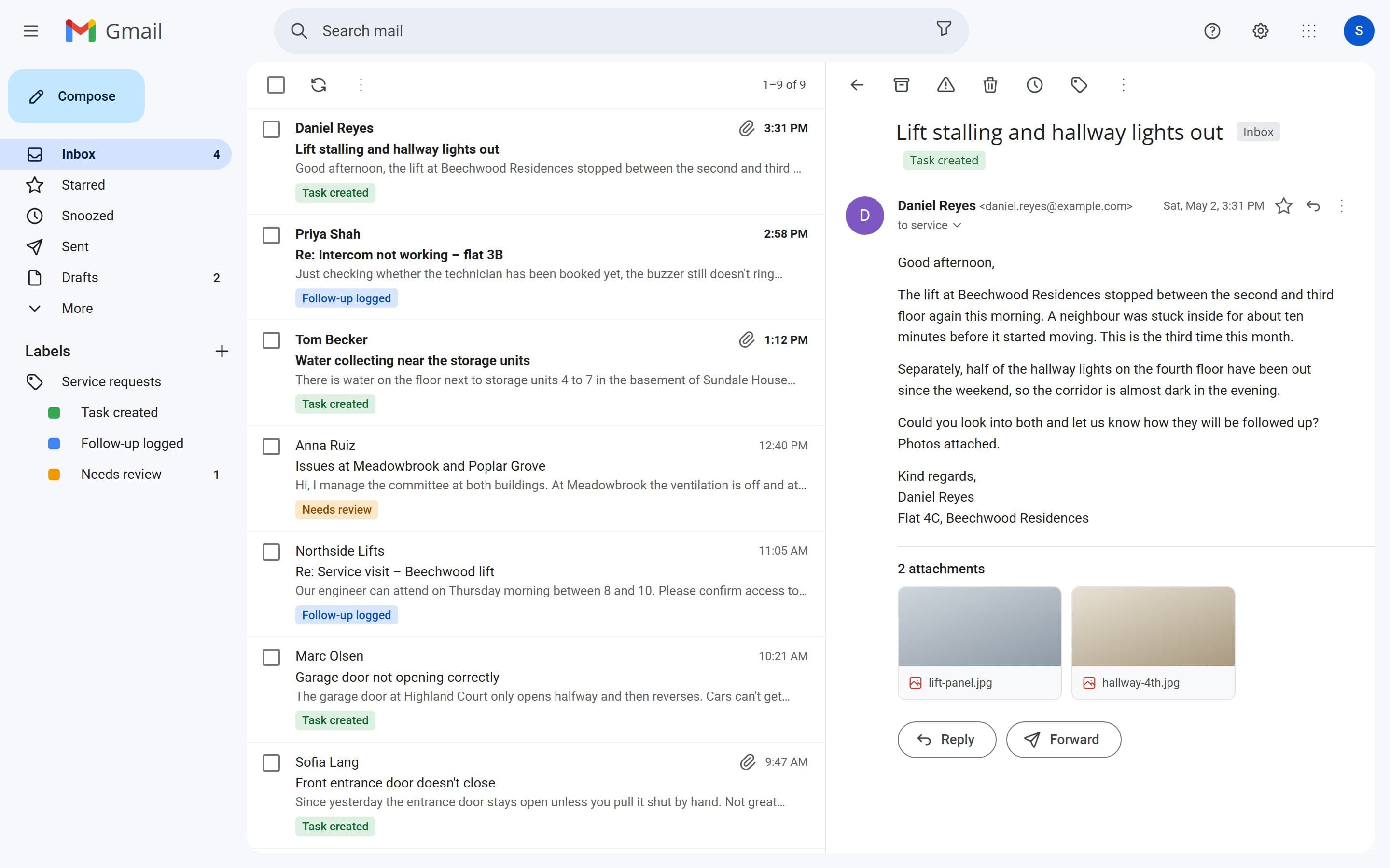 Shared inbox with each email labelled by what the automation did with it