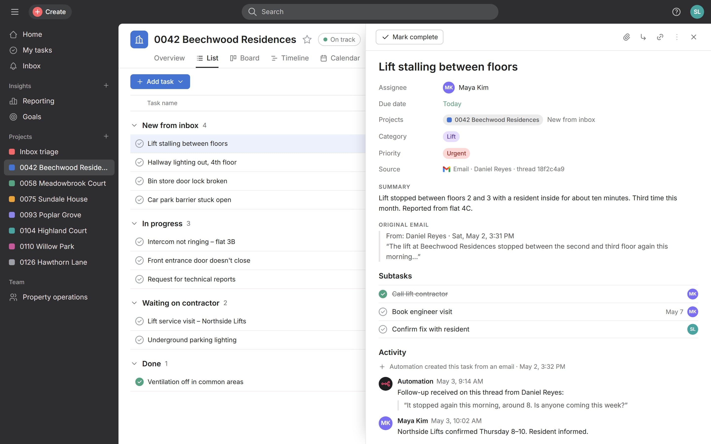 A task with summary, original email, subtasks and a follow-up added by the automation