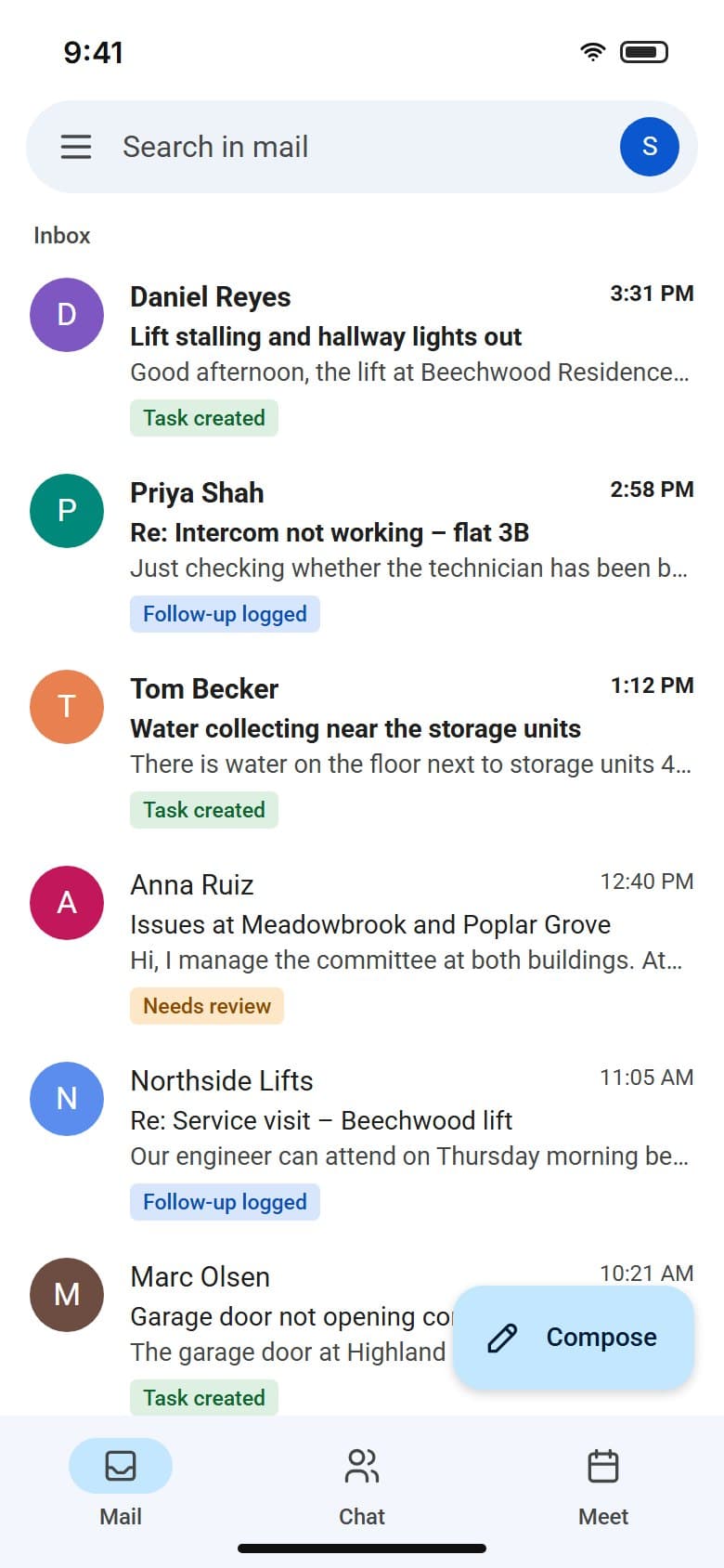 The same inbox on mobile, with processing labels