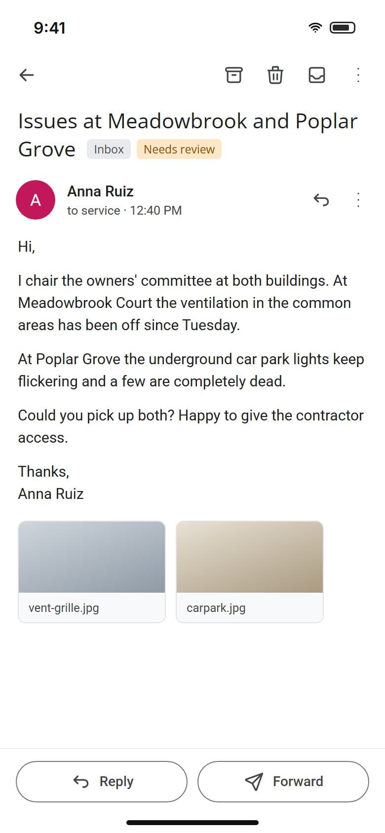 An email reporting problems at two different buildings