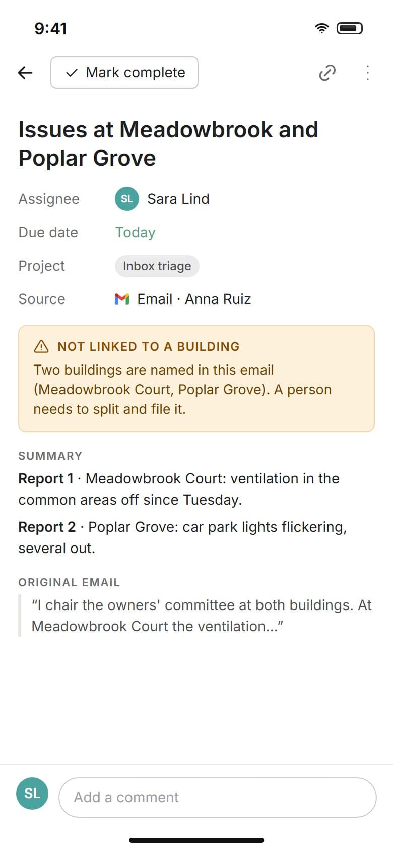 A review task for an email that names two buildings
