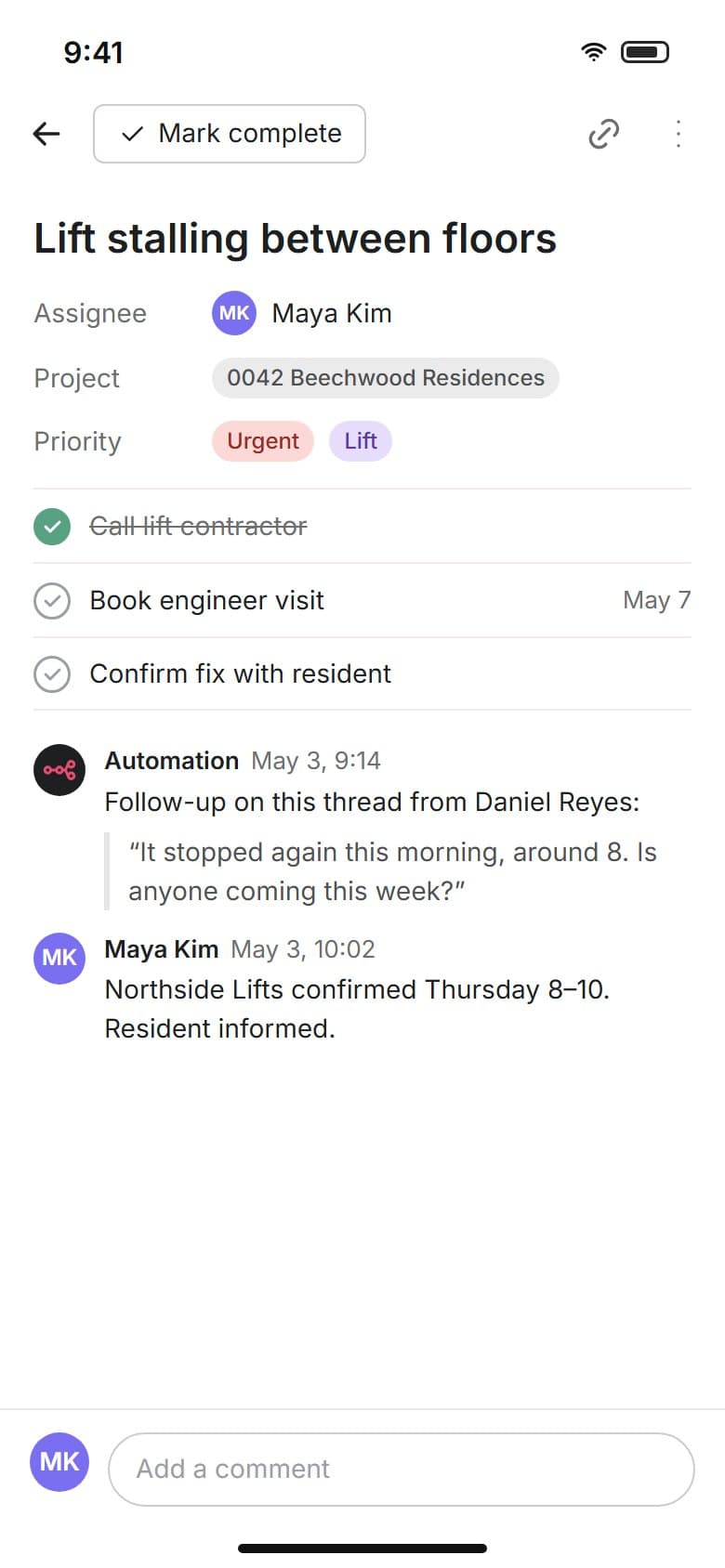 A task on mobile with its subtasks and a follow-up from the resident