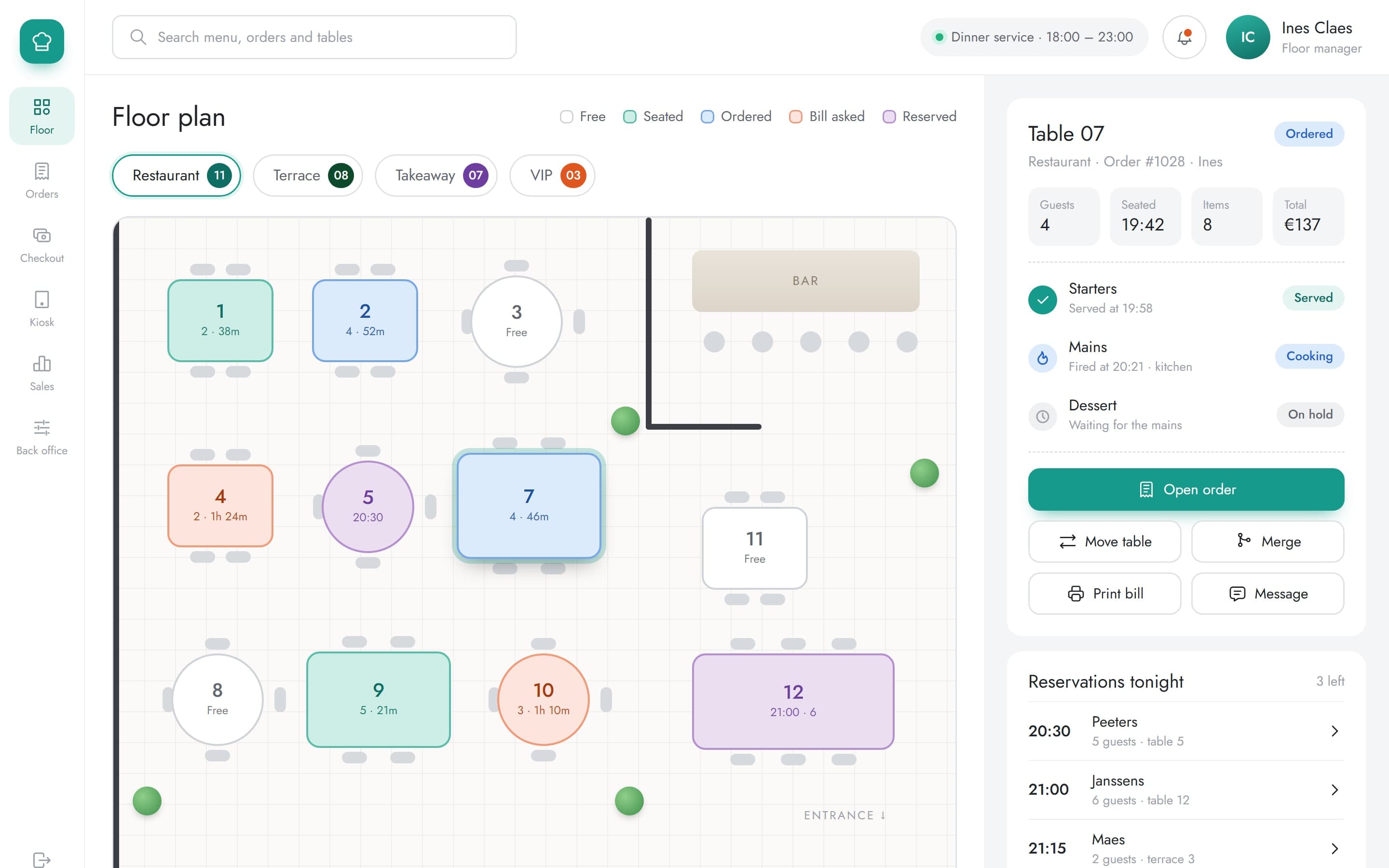 Floor plan with tables coloured by status and table 7's courses in the side panel