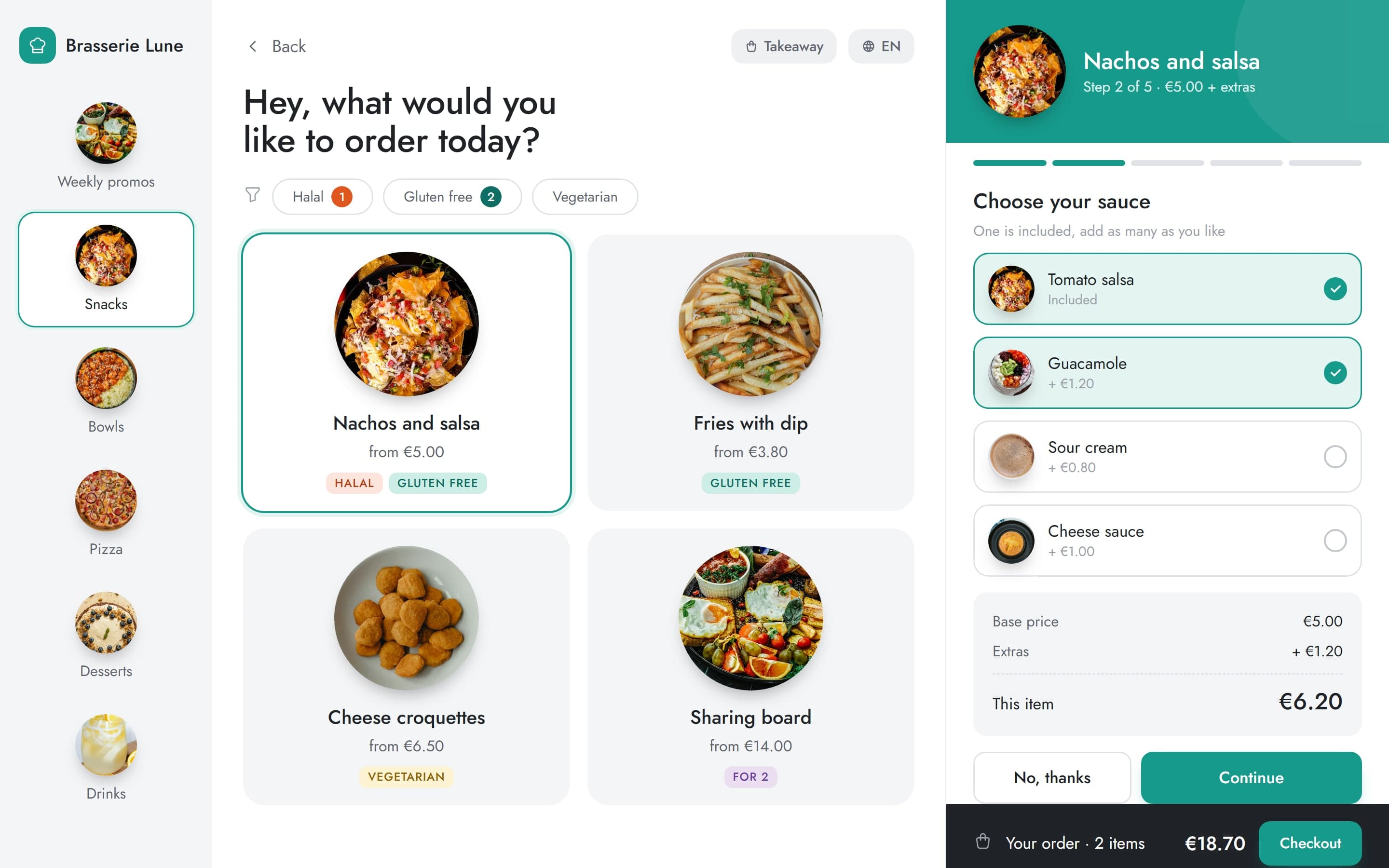 Self-order kiosk with snack categories, dishes with dietary tags and a sauce step for nachos