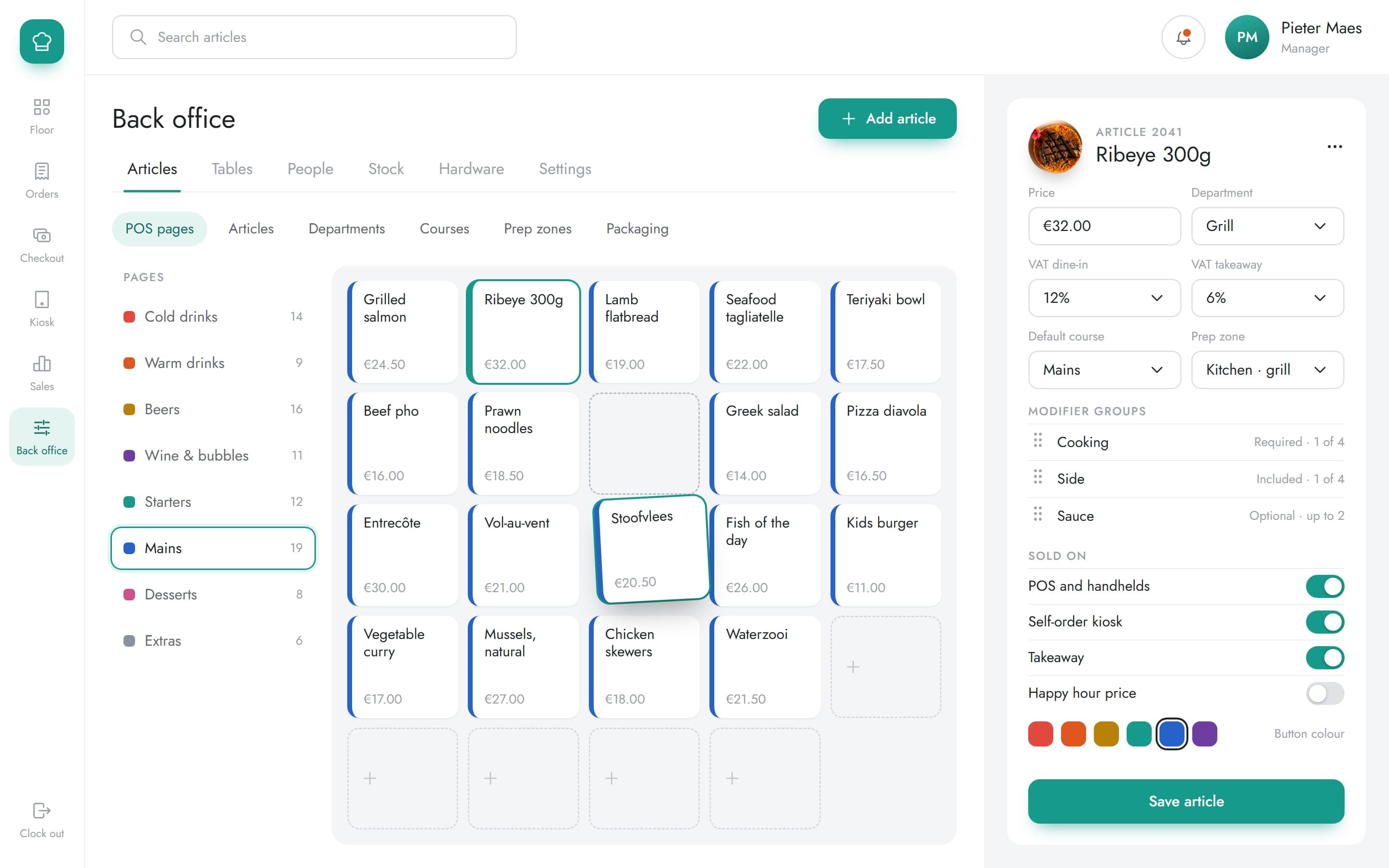 Back office POS page editor with a tile being moved and the article's settings