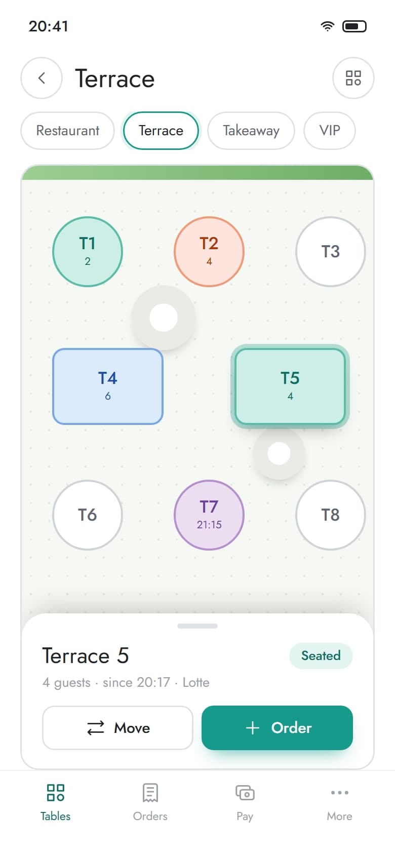 Terrace plan on a handheld with the selected table in a sheet