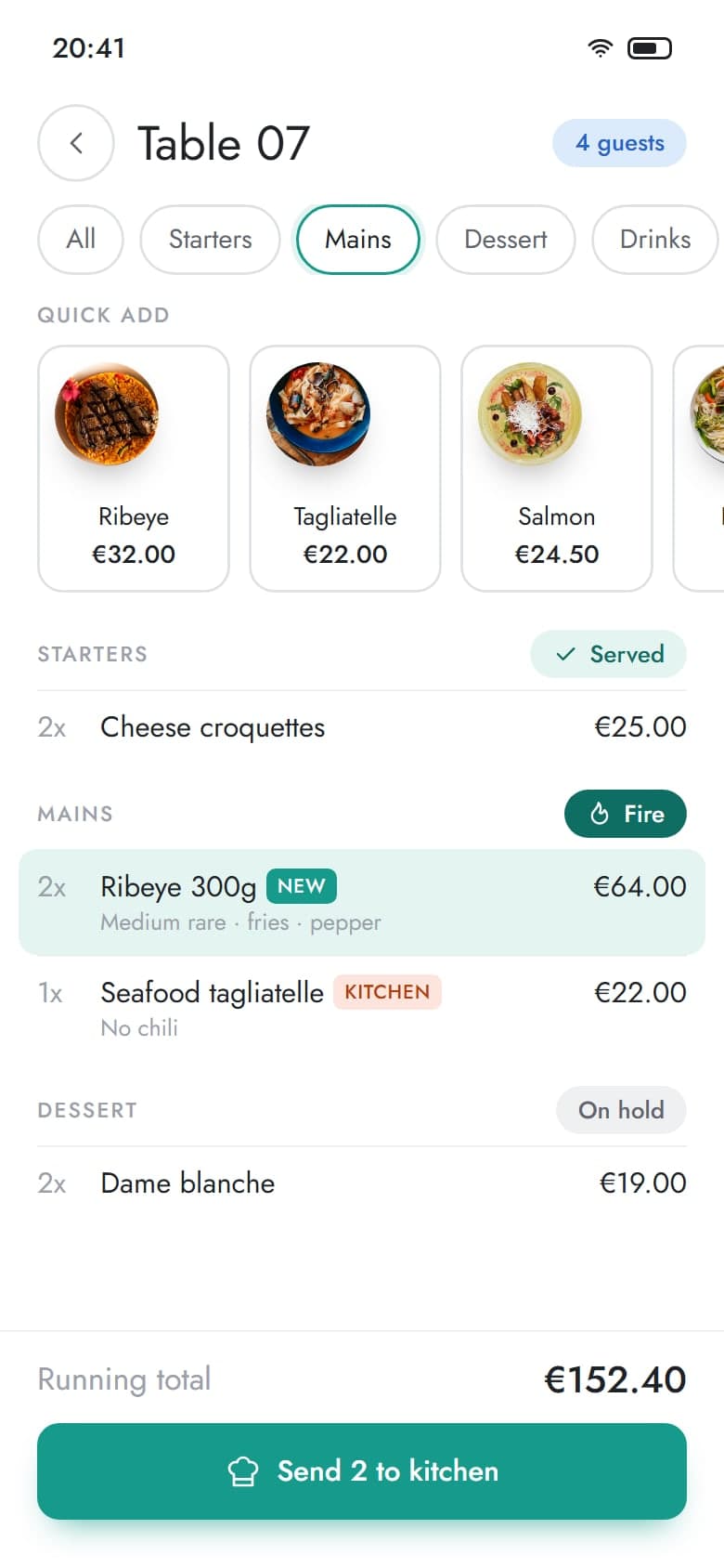 Table order on a handheld grouped by course, with a new line ready to send