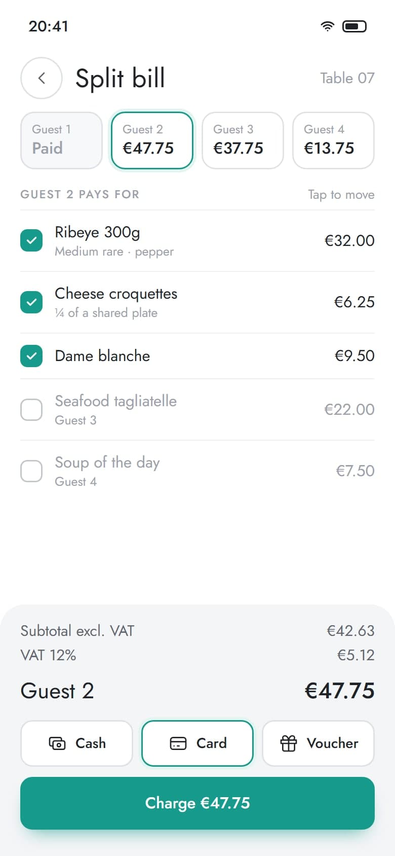 Split bill on a handheld with one guest's items selected