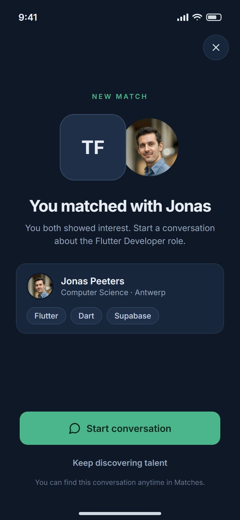 Match screen for a company, showing the candidate that matched