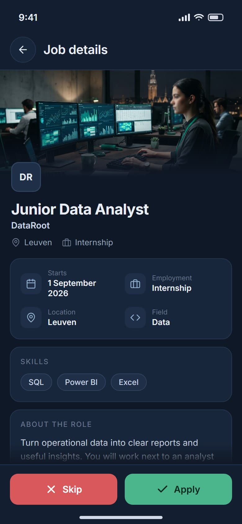 Internship details with start date, location, field, skills and the role description