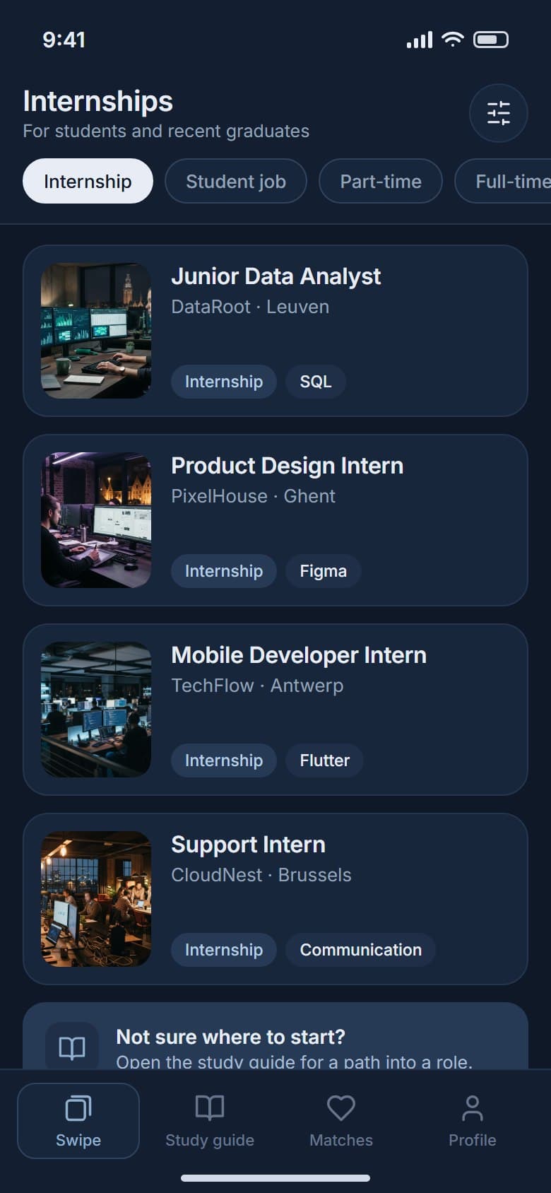 Internships list with filters for internship, student job, part-time and full-time