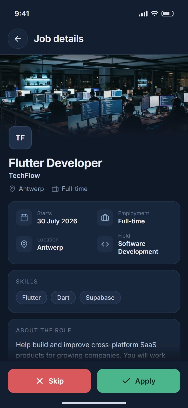 Job details with start date, employment, location, field, skills and the role description