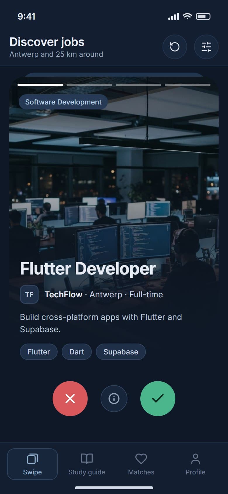 Discover jobs with a card, skip and apply buttons and the bottom navigation