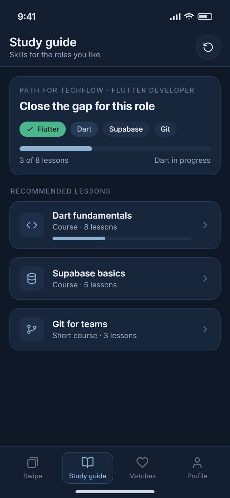 Study guide with a learning path for a Flutter Developer role and recommended lessons