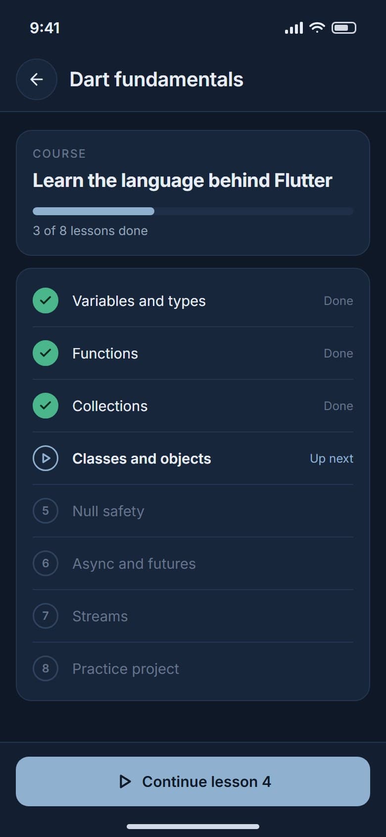 Course with eight lessons, three done, and a continue button