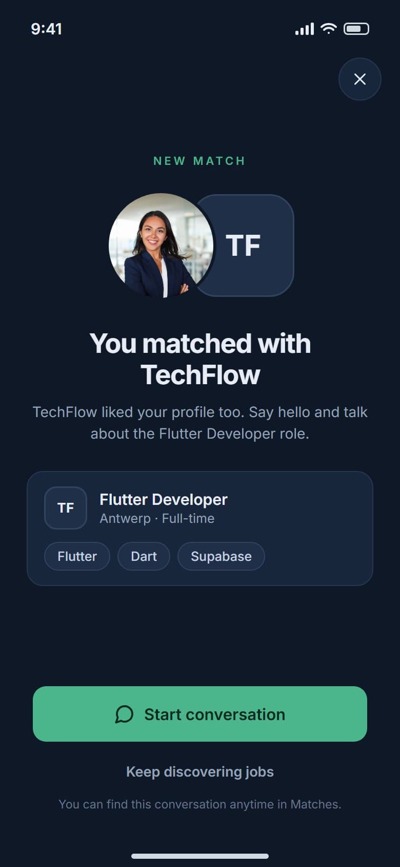 Match screen for a job seeker, showing the role that matched
