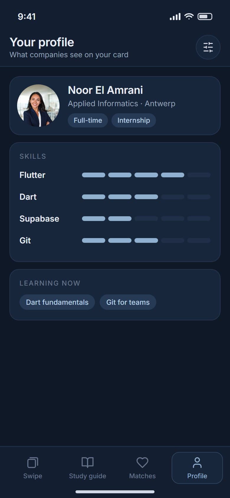 Student profile with skill levels and courses in progress