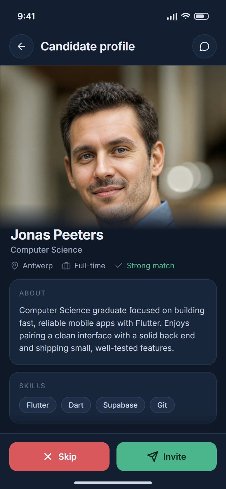 Candidate profile with about, skills, employment, location, study and school