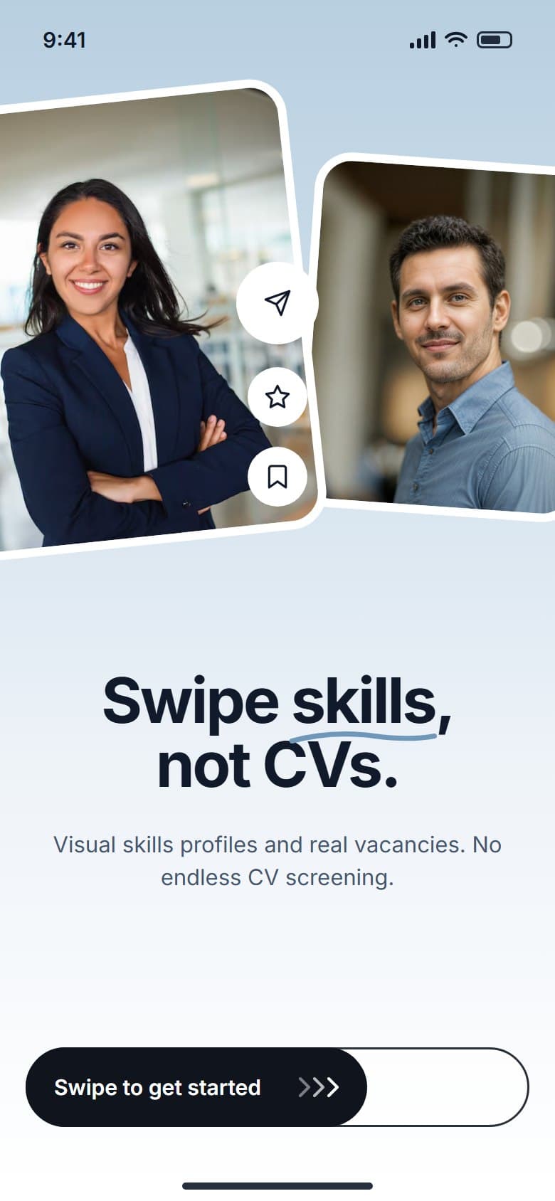 Welcome screen with the headline swipe skills, not CVs and a slide to get started