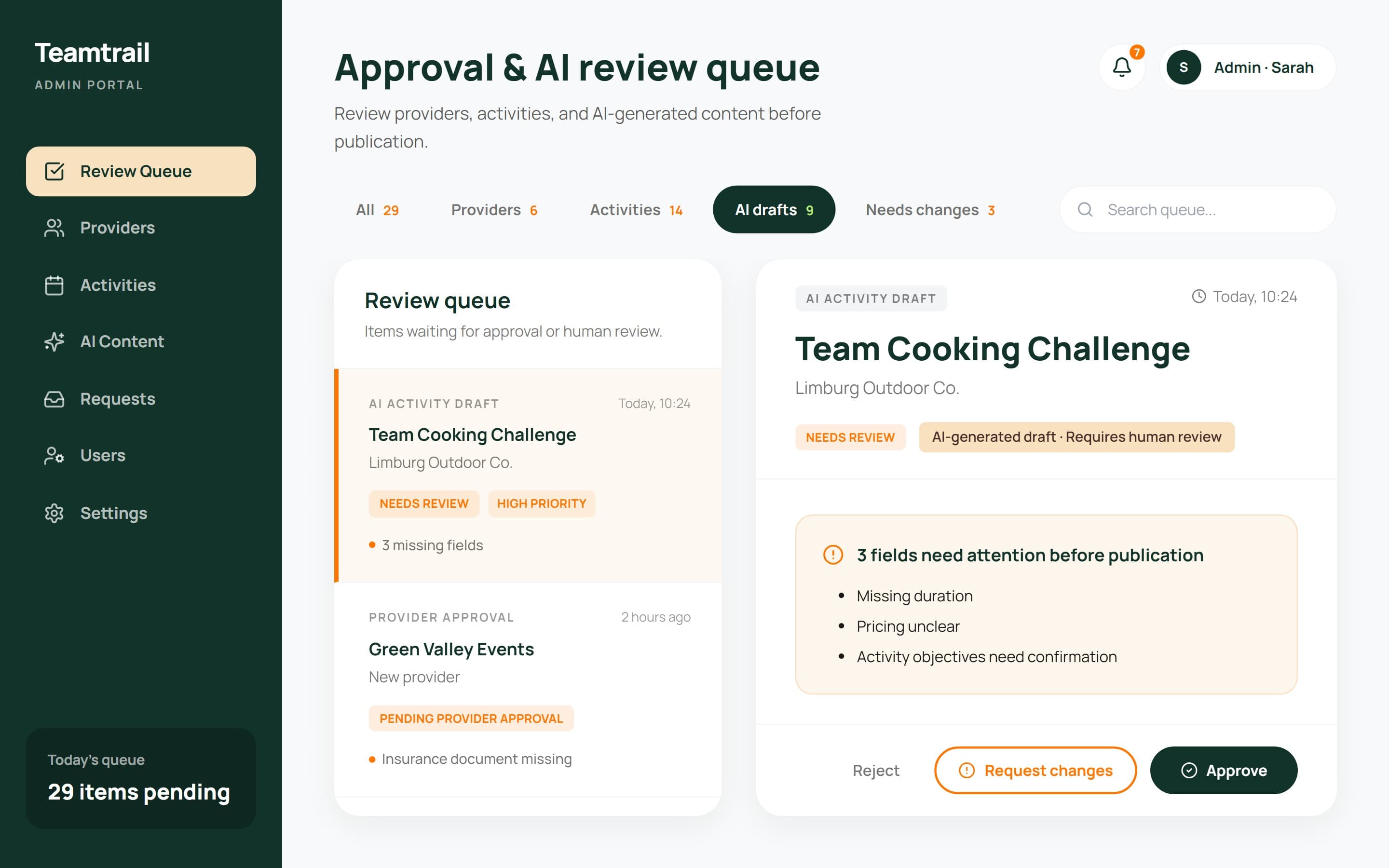 Approval queue with an AI activity draft and its missing fields