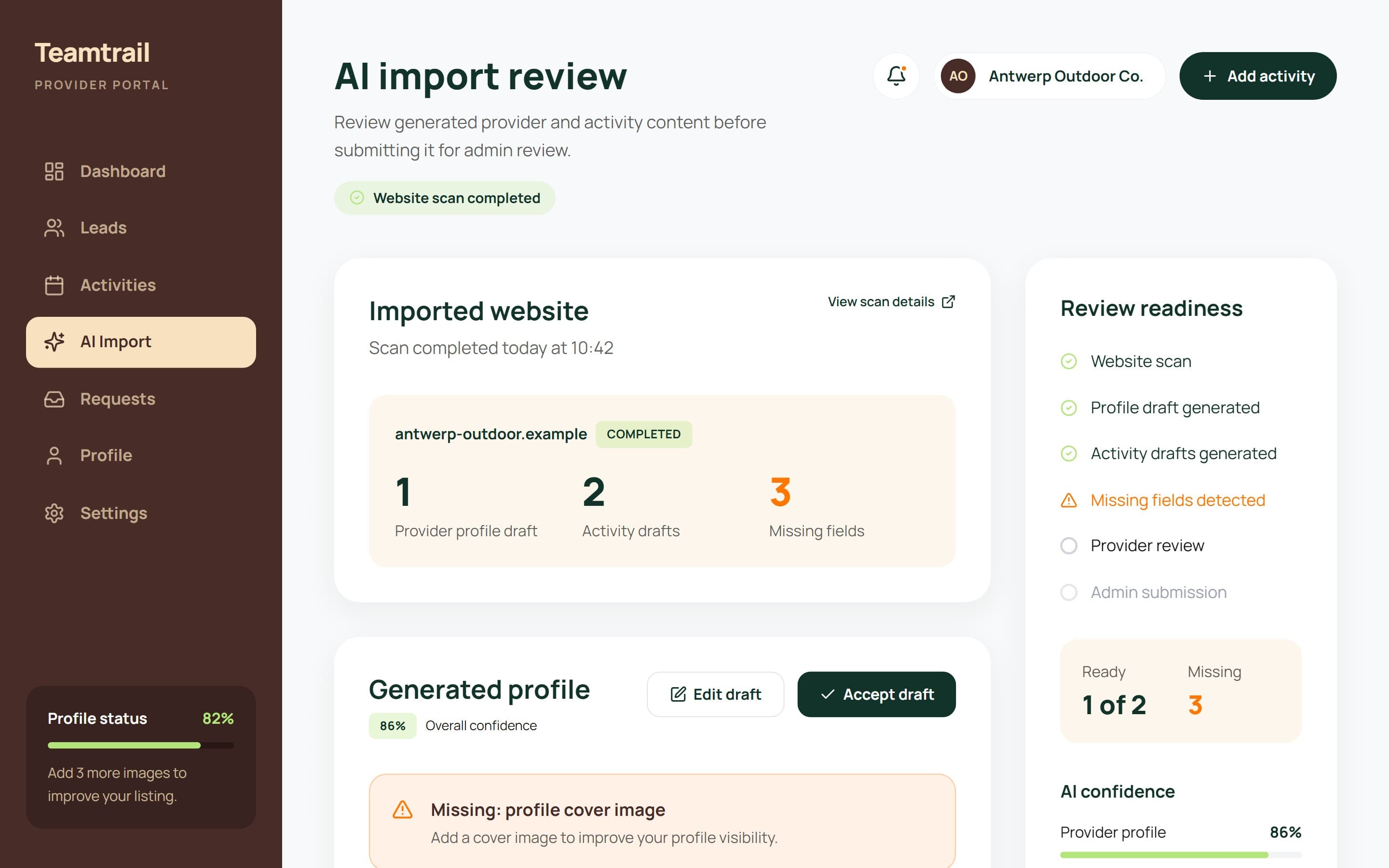 AI import review with a generated profile, confidence levels and missing fields