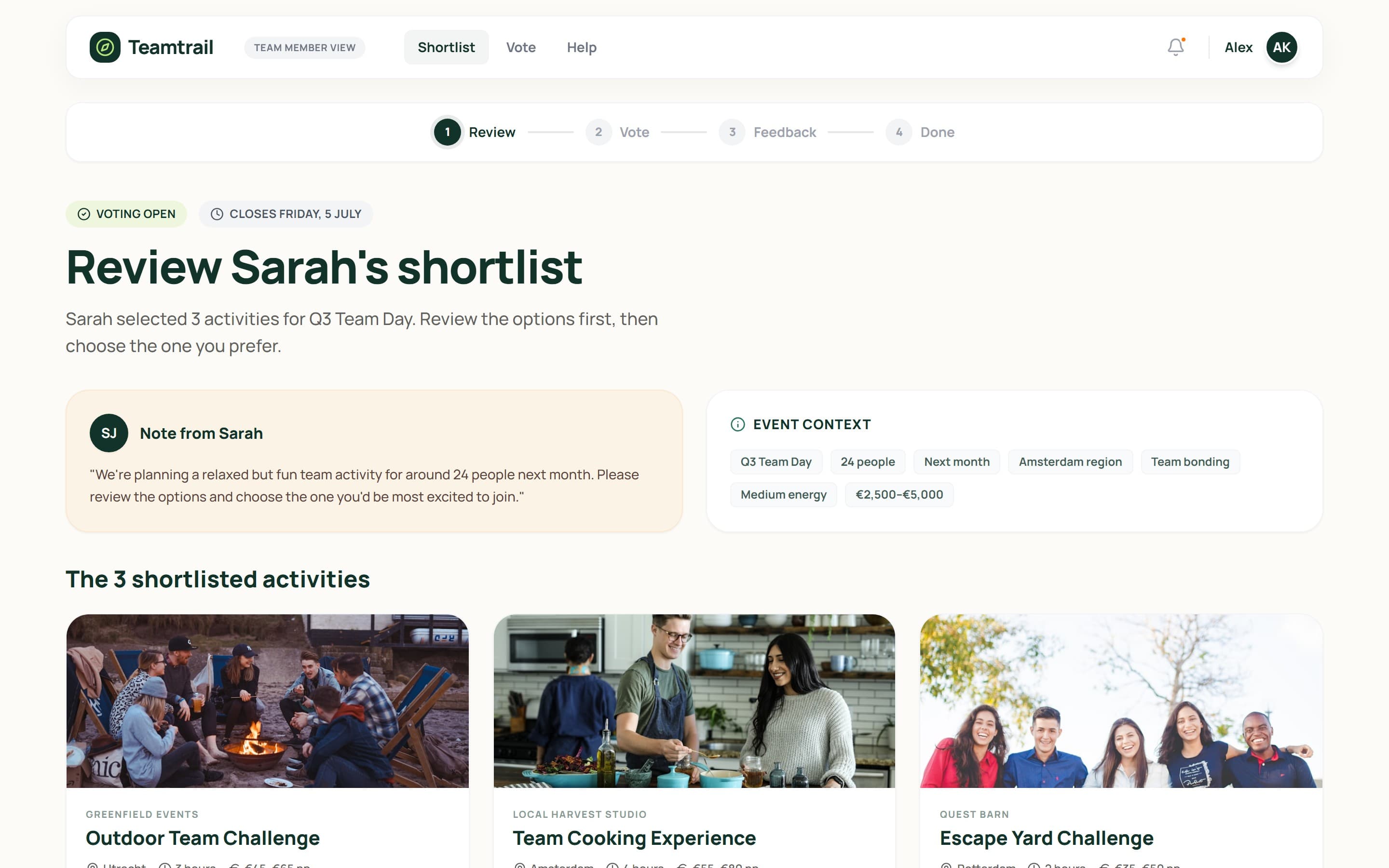 Shared shortlist with a note from the organizer, event context and three activities