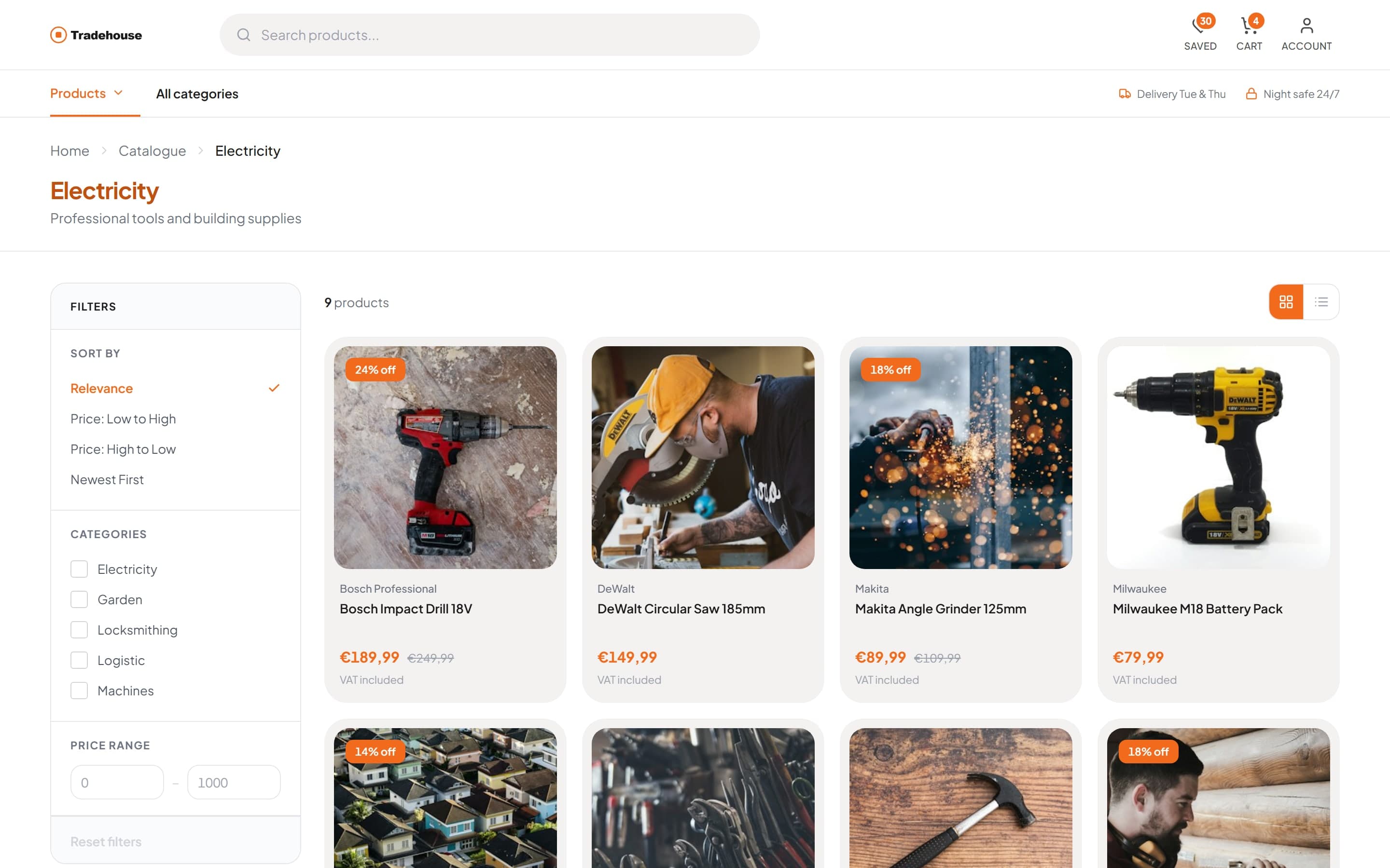 Web store product listing with filters, sorting and discounted products