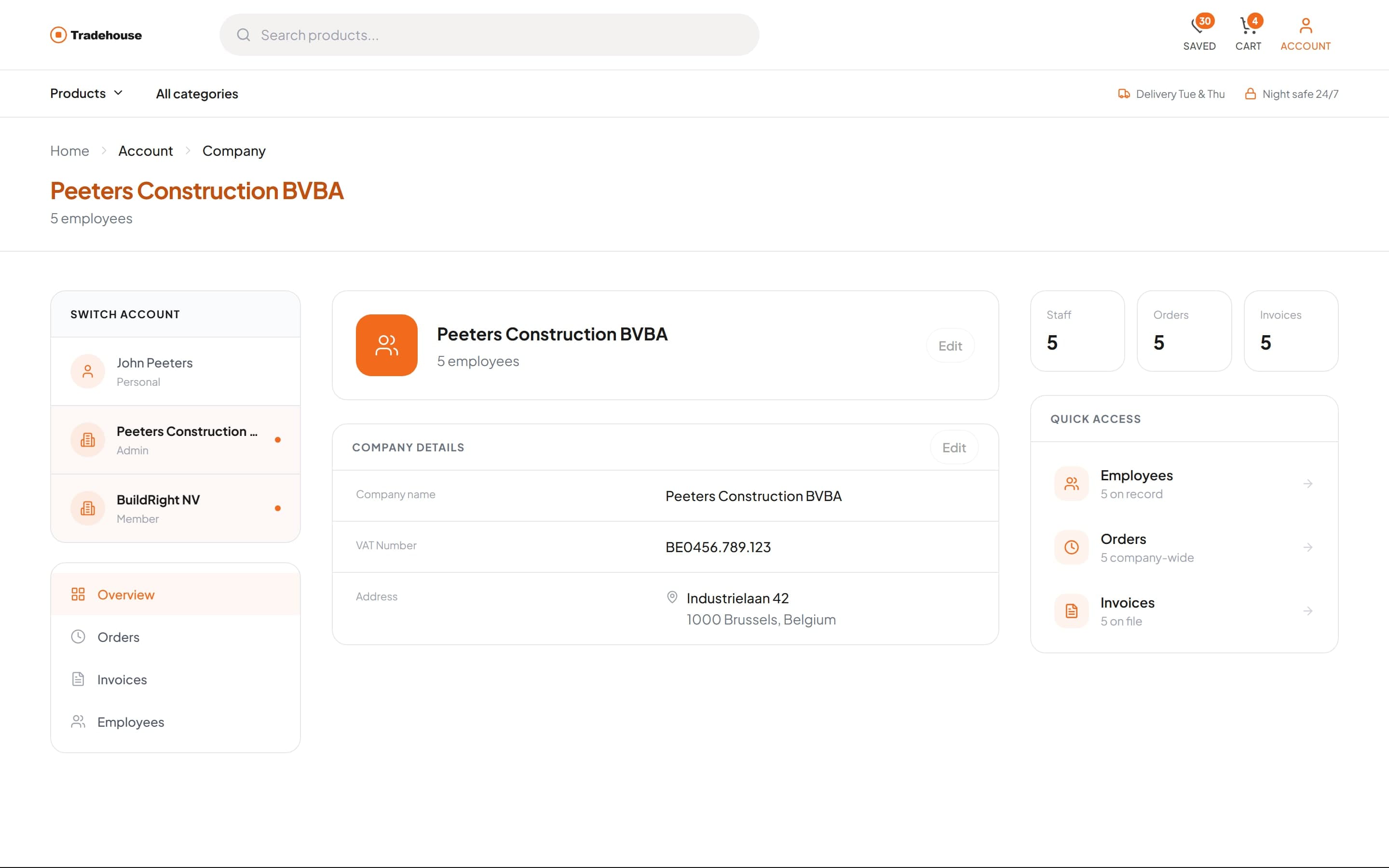 Company account with details, stats and quick access to employees, orders and invoices