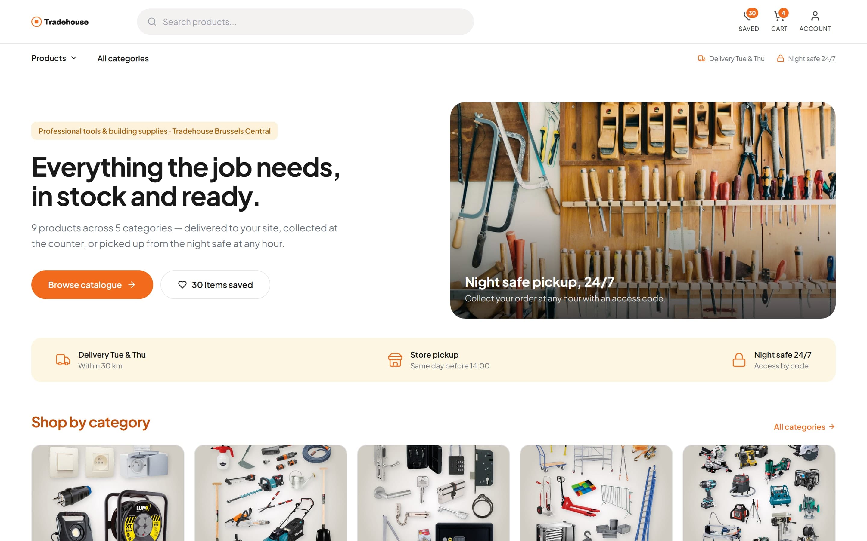 Web store home page with search, saved items, cart and account in the header, a hero and delivery and pickup information