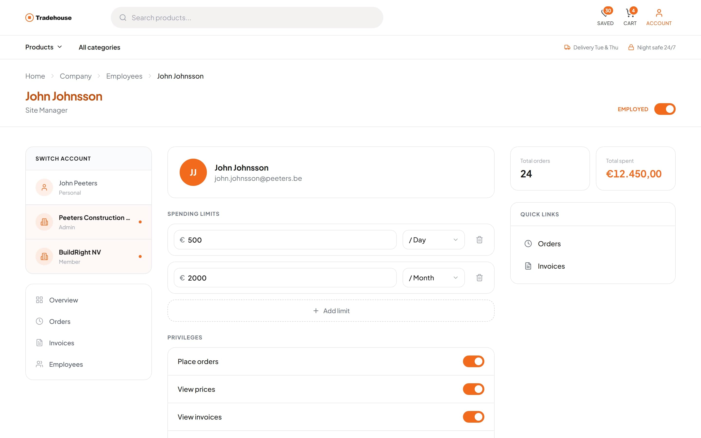 Employee profile with spending limits and privilege toggles