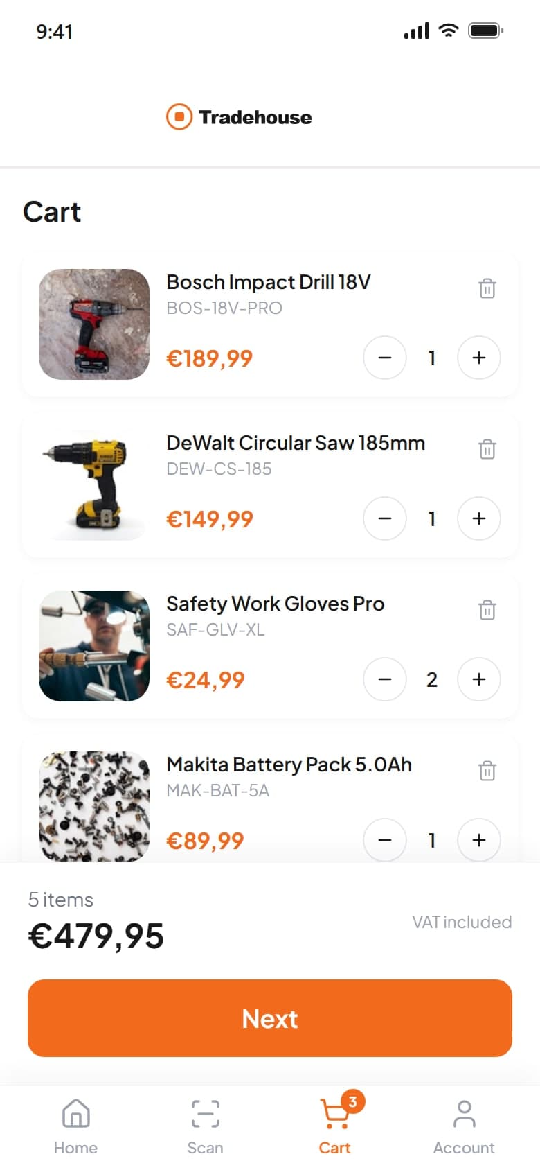 Cart with four items and a running total