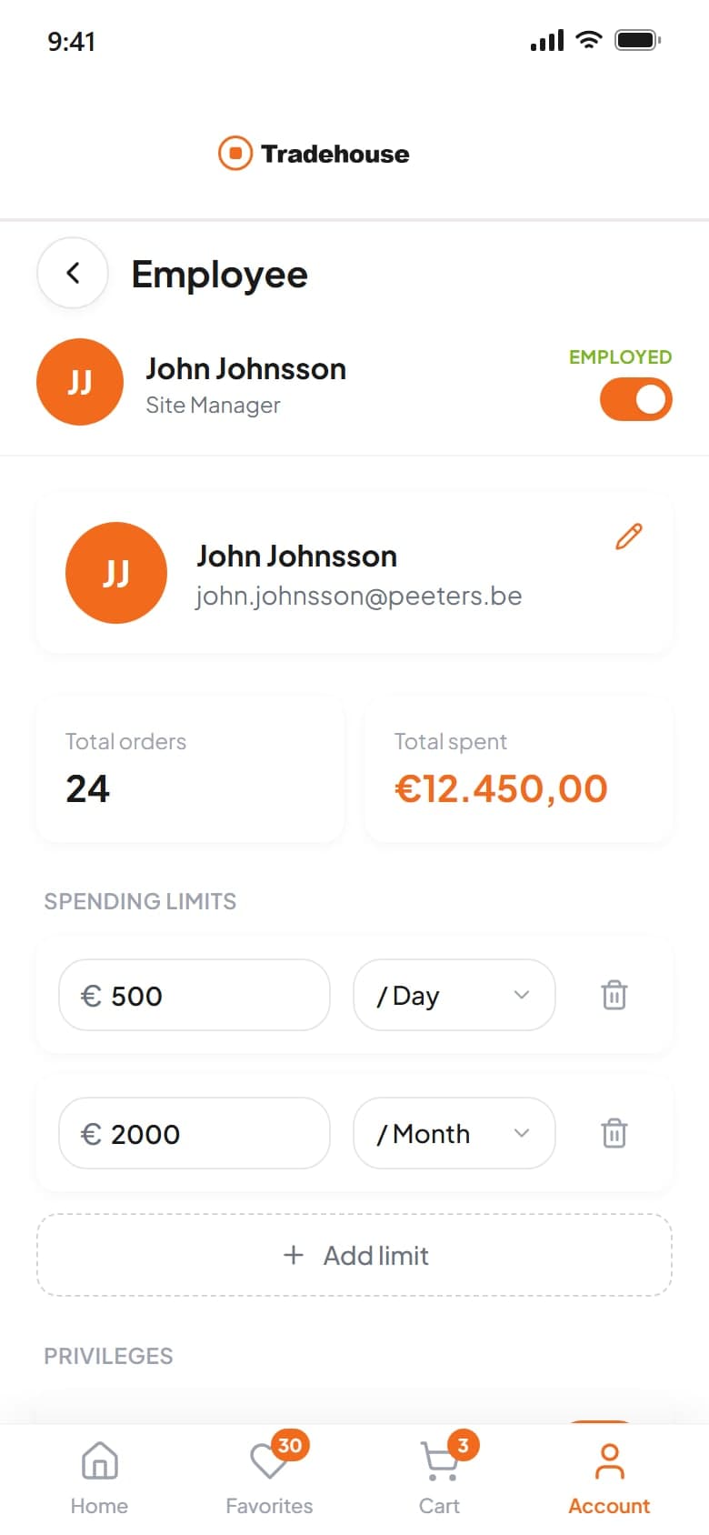 Employee spending limits on mobile