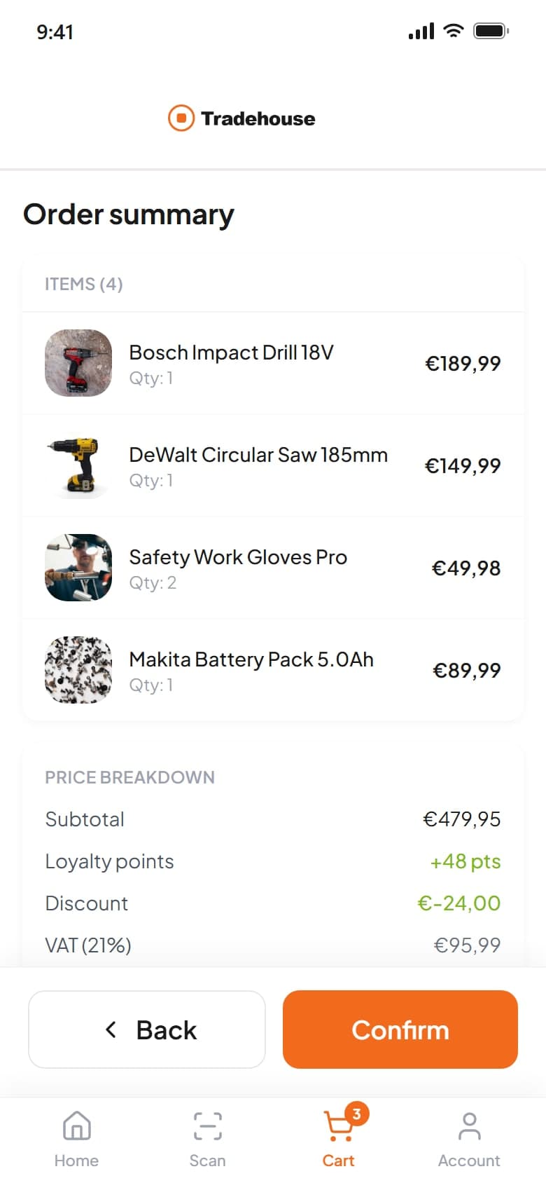 Order summary with price breakdown and confirm