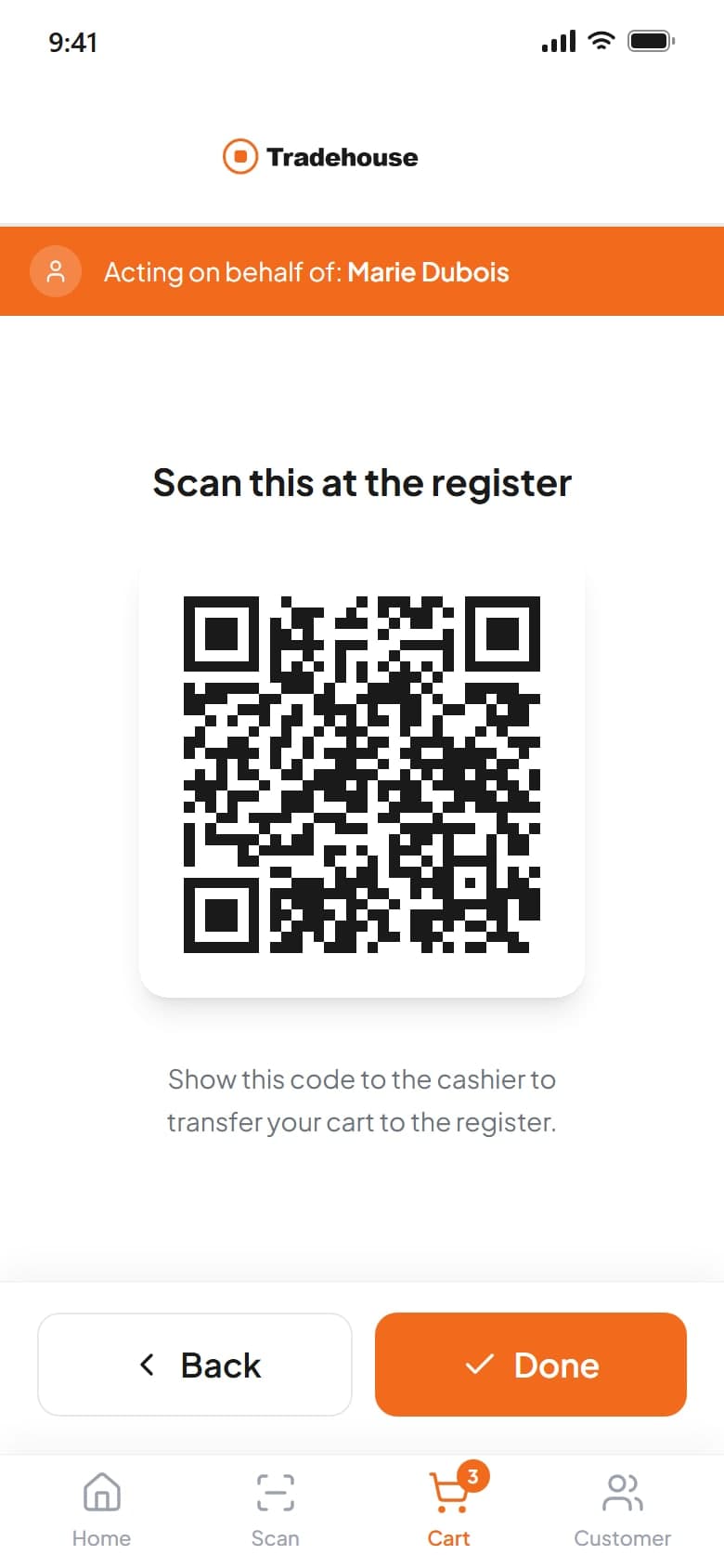 Code to scan at the register to transfer the cart