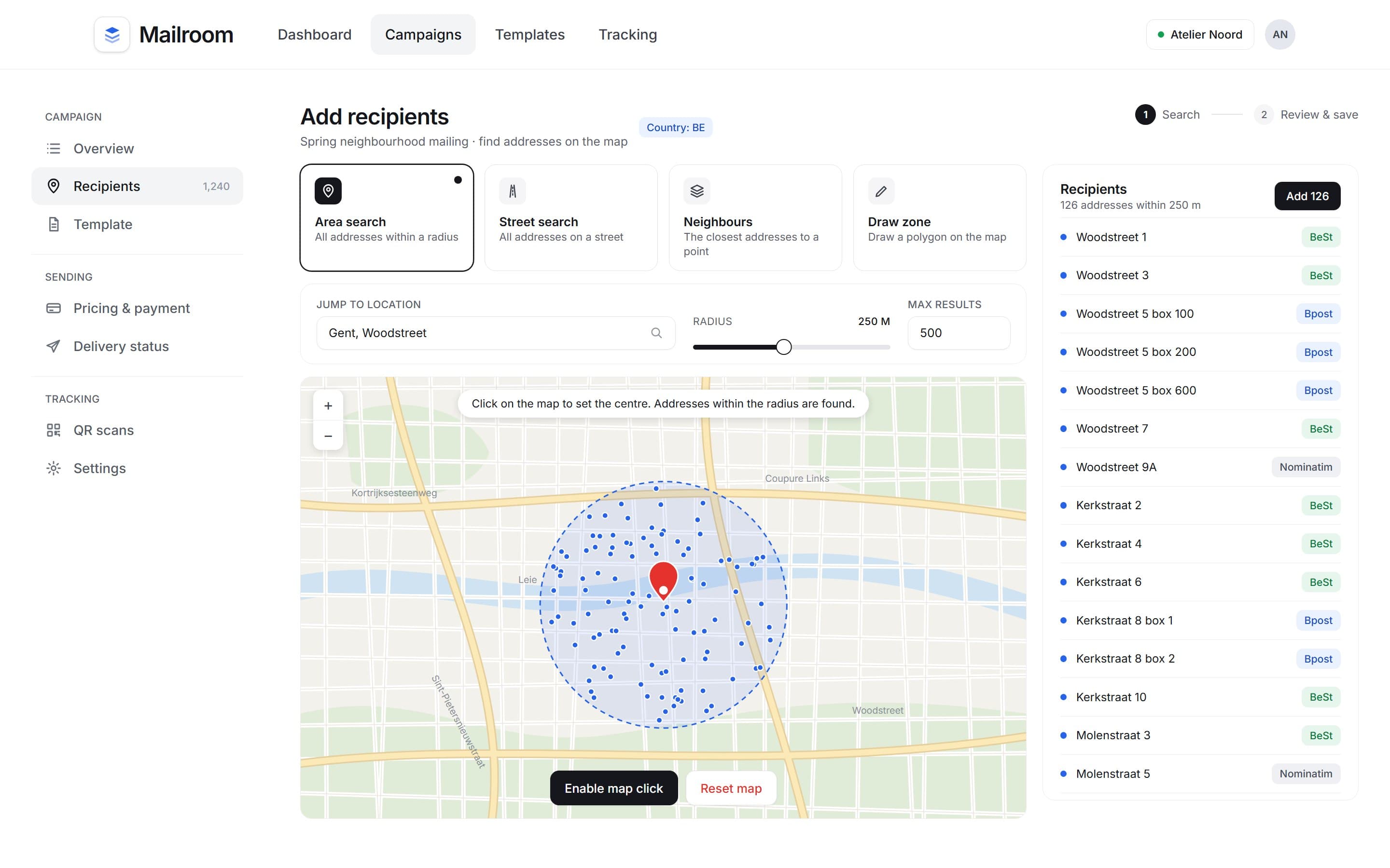 Map with a radius around a point, address dots inside it and a recipients list