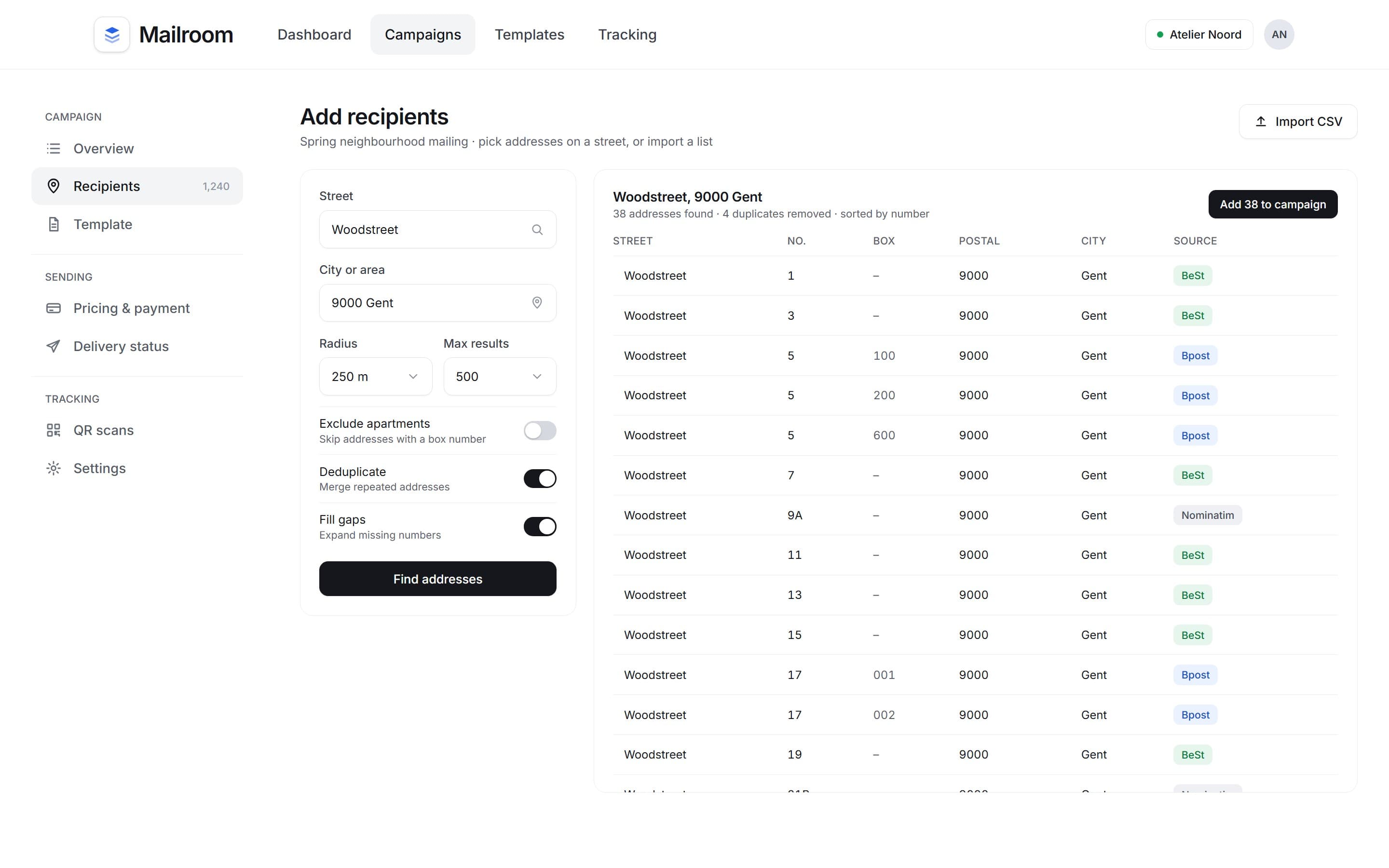 Address search with results showing street, number, box, postal code and source