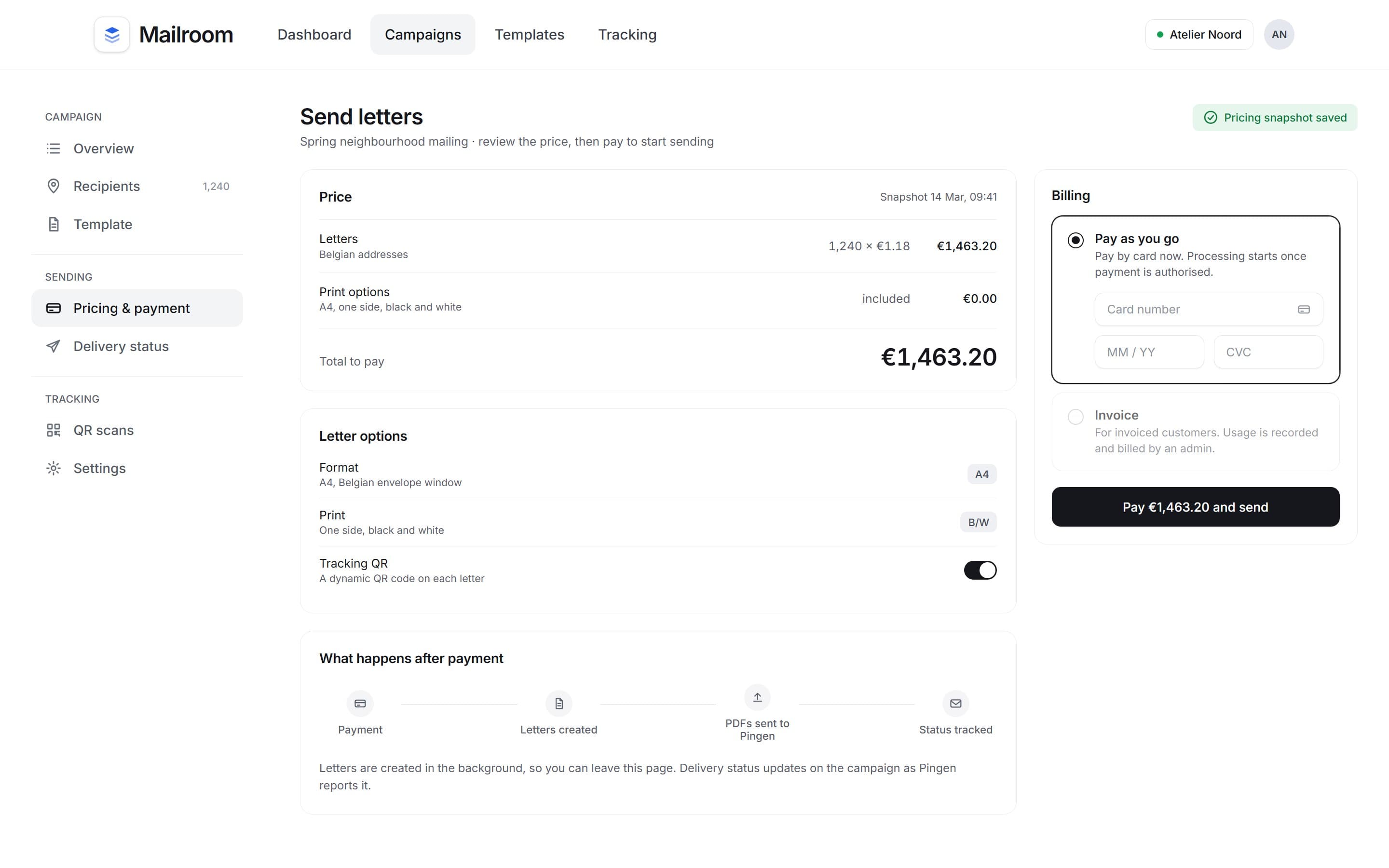 Pricing snapshot with pay-as-you-go and invoice billing options