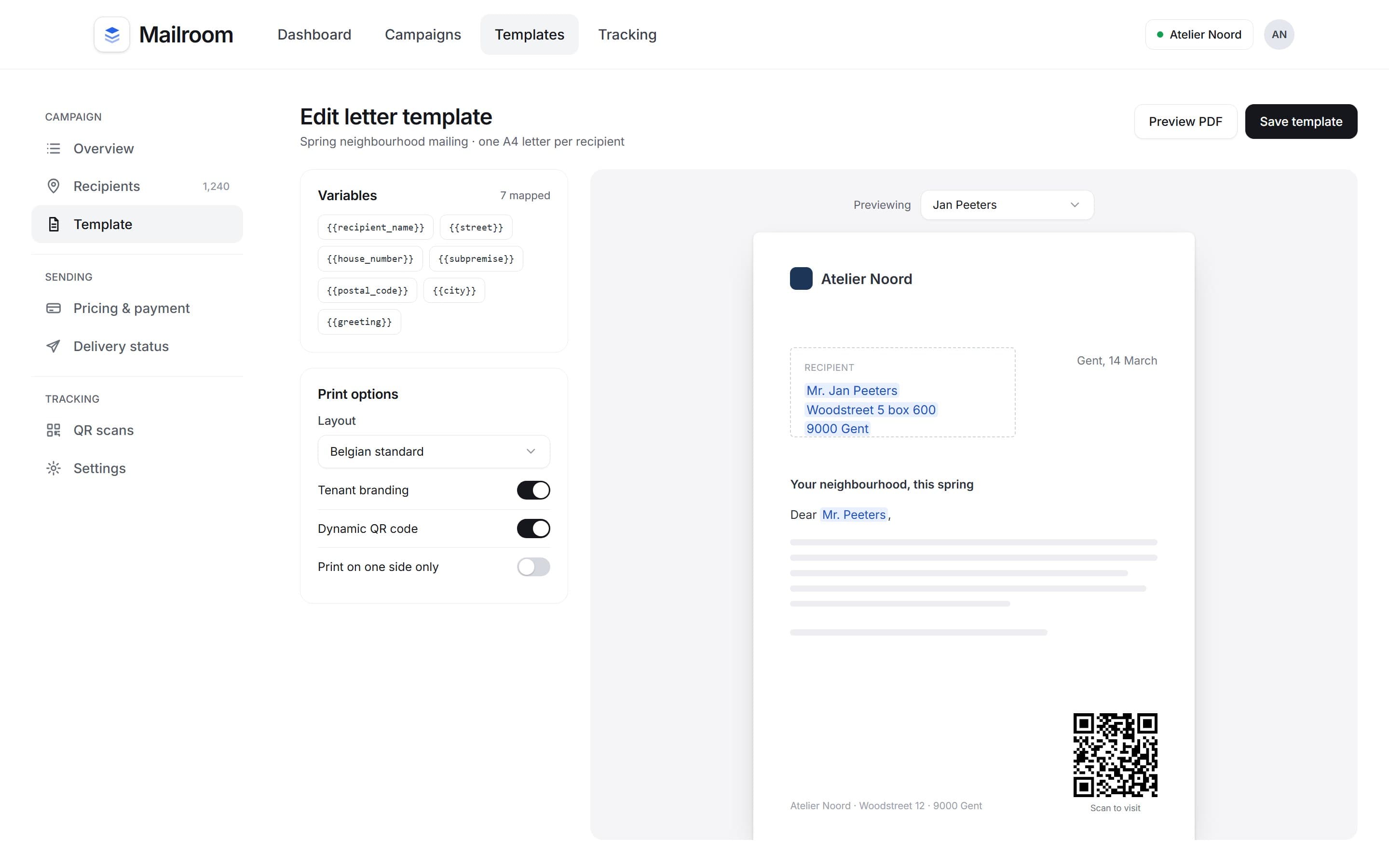 Template editor with variables, print options and an A4 preview with a QR code