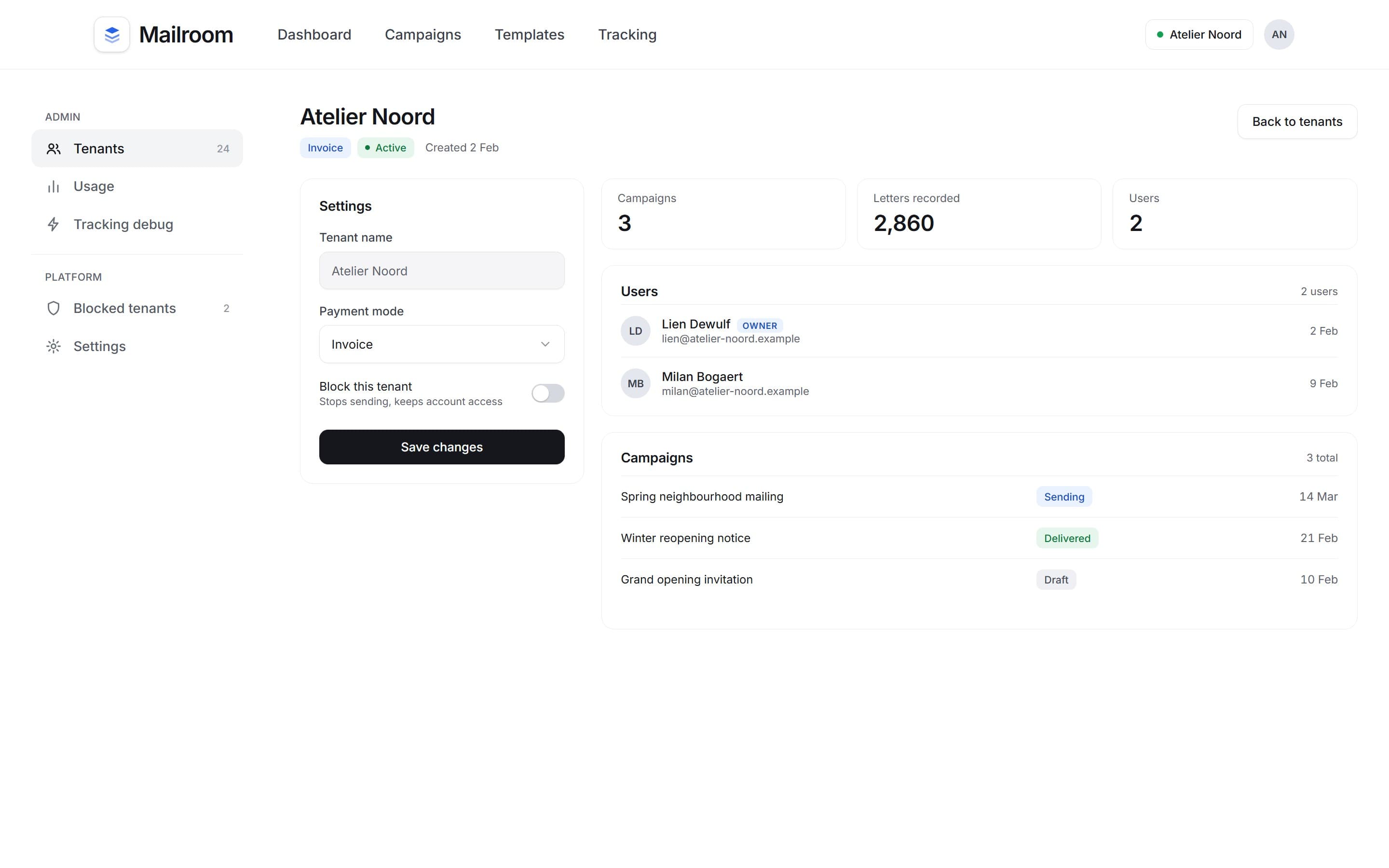 Tenant page with payment mode, block switch, users and campaigns