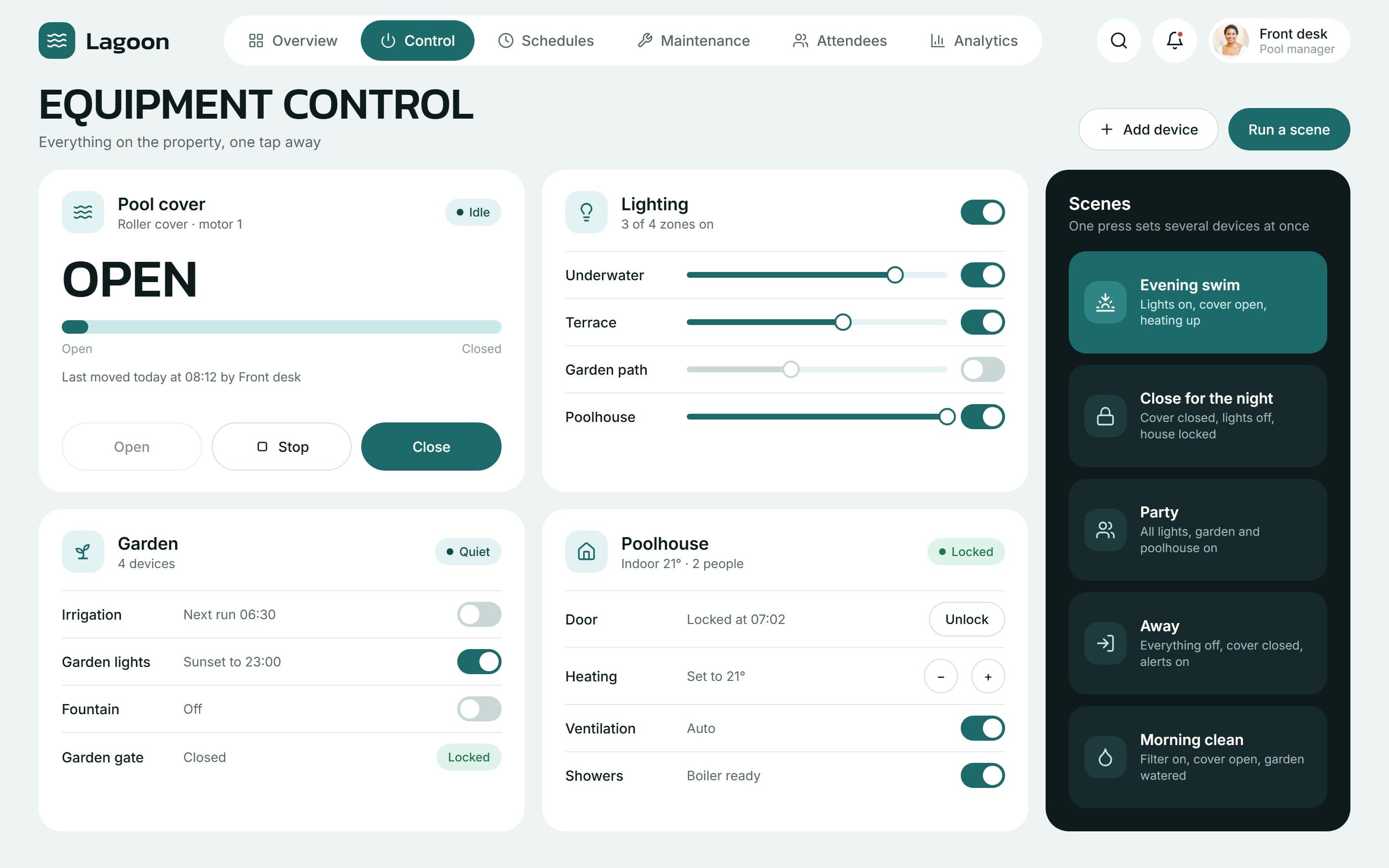 Equipment control with pool cover, lighting zones, garden, poolhouse and a dark scenes panel